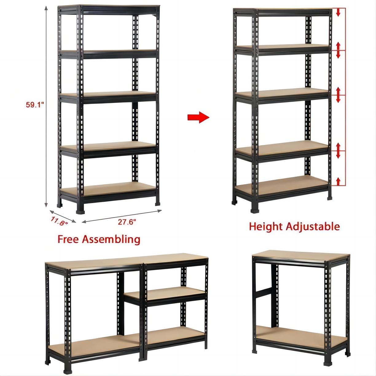 5-Tier Adjustable Shelf, Steel Shelving Unit 27.6in W x 11.8in D x 59in H, Black