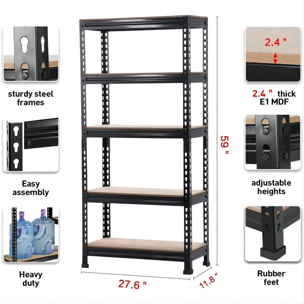 5-Tier Adjustable Shelf, Steel Shelving Unit 27.6in W x 11.8in D x 59in H, Black