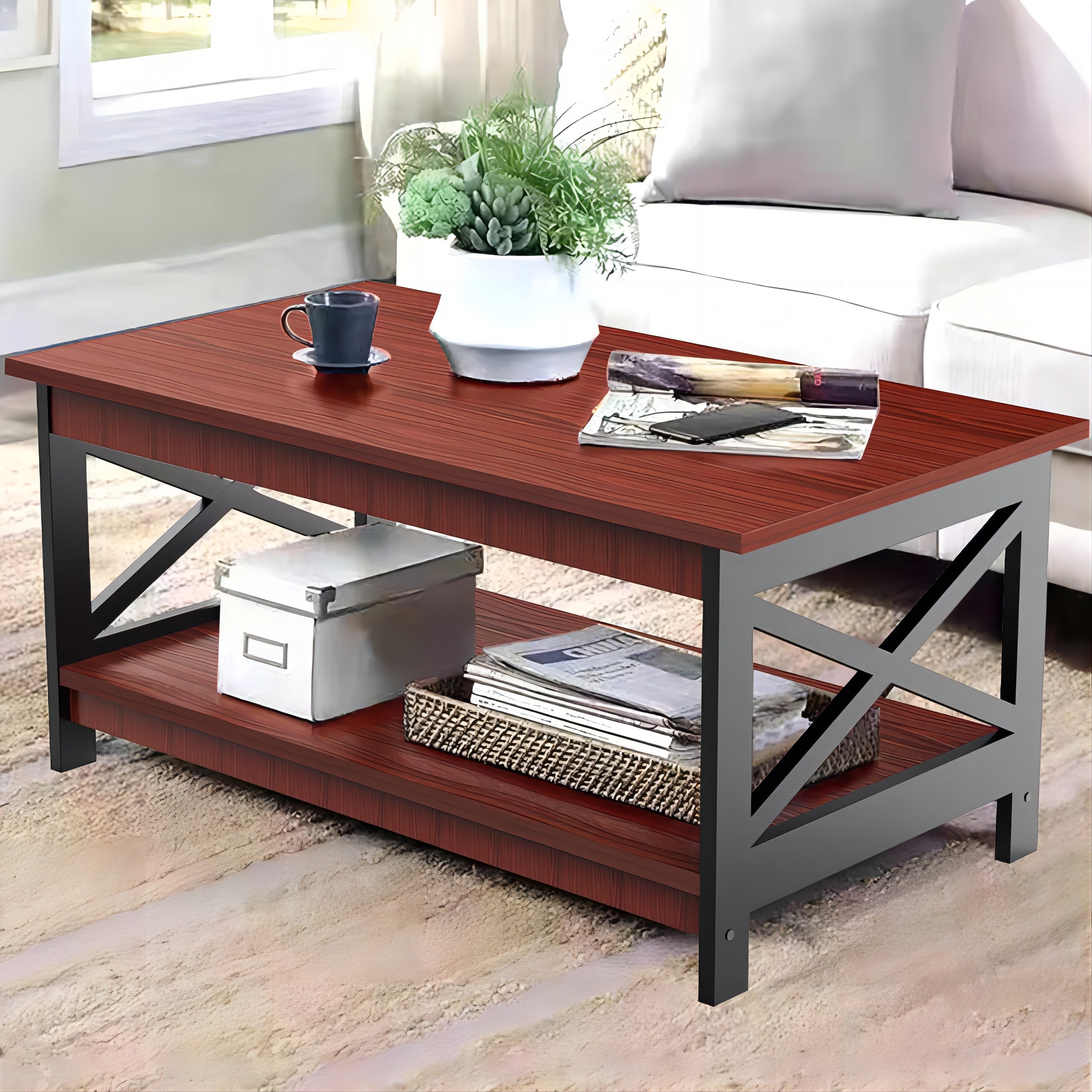 Wood 2-Tier Coffee Table End Table with Storage Shelf