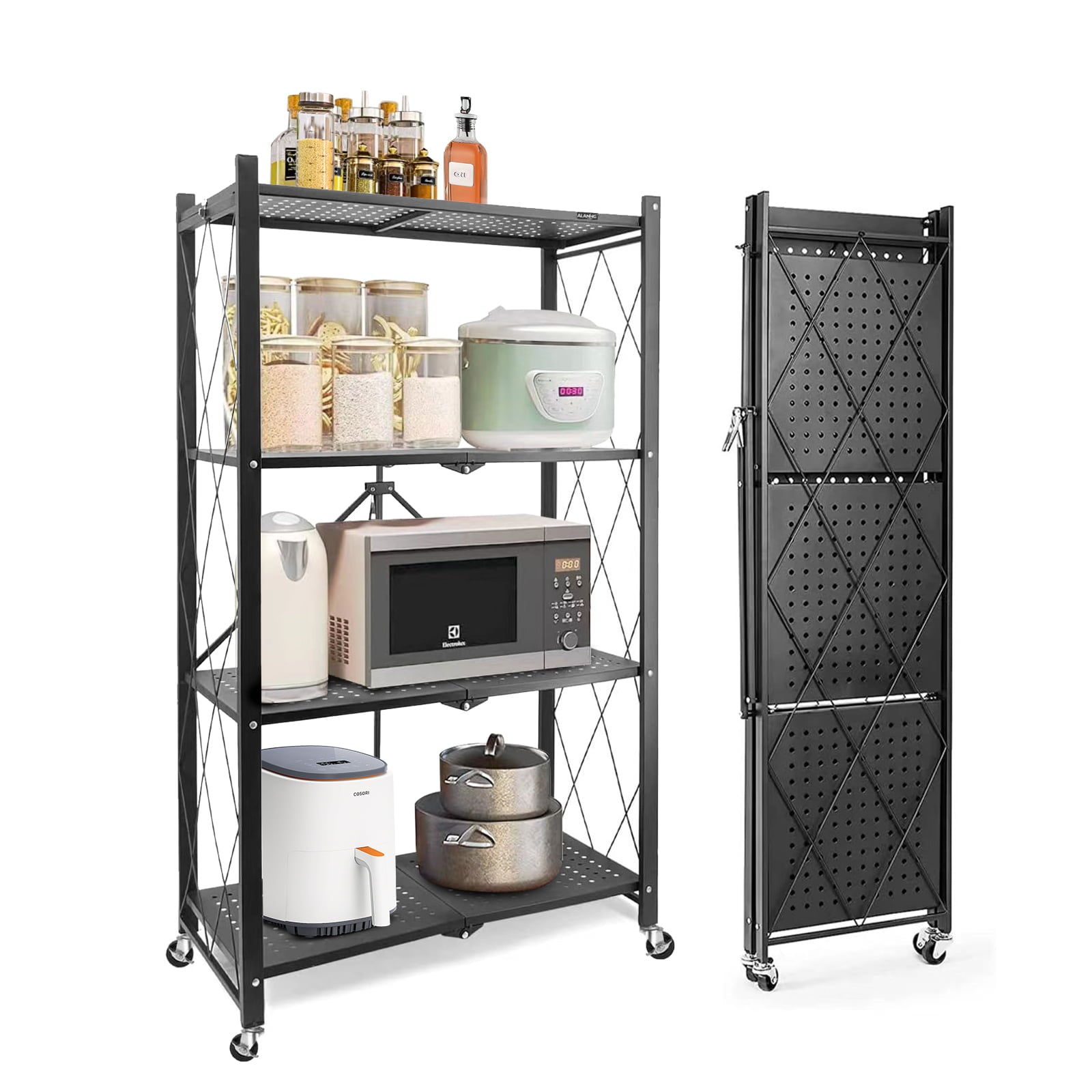 4-Tier Foldable Storage Shelving Unit, Heavy Duty Metal Shelf, Kitchen Shelf with 3 Hooks