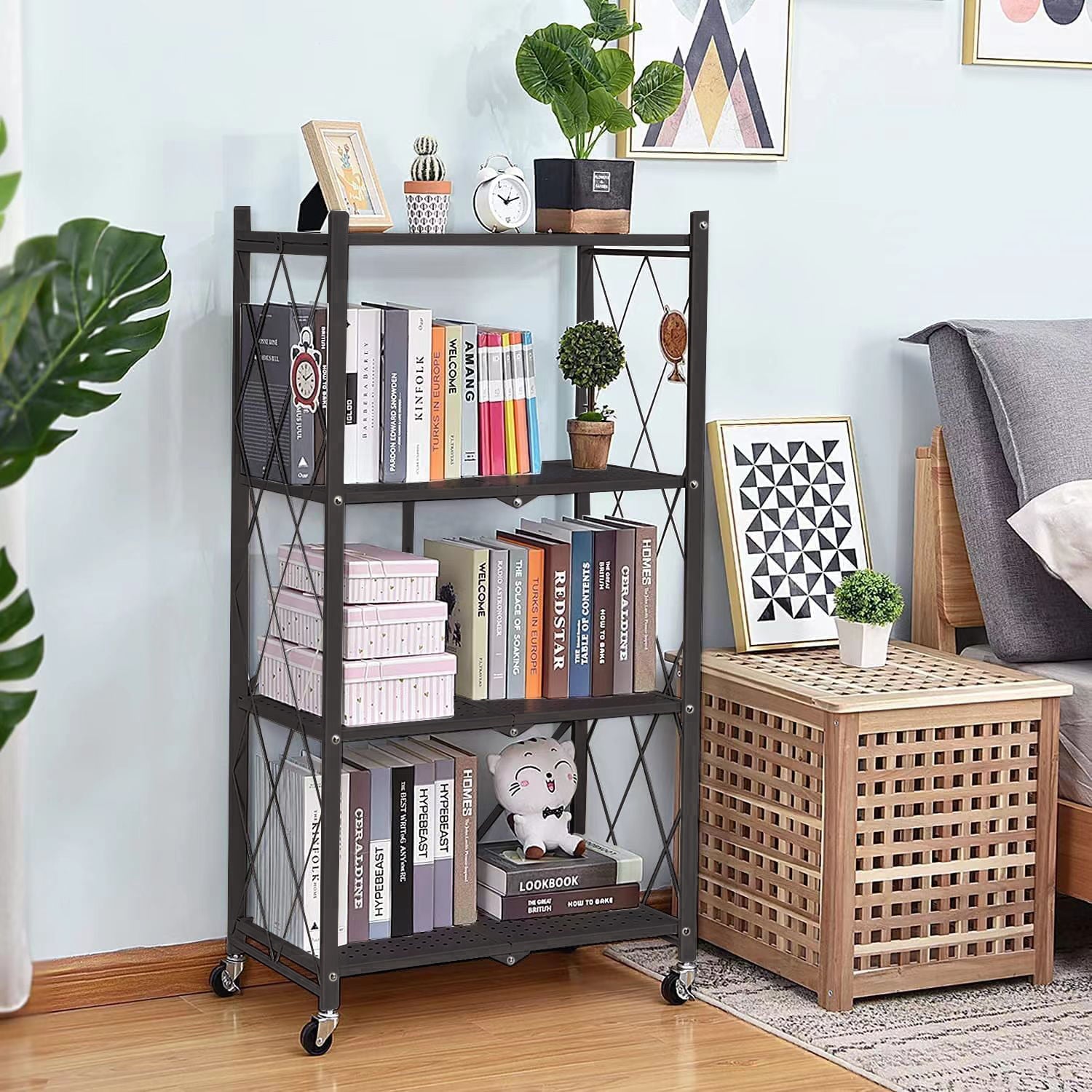 4-Tier Foldable Storage Shelving Unit, Heavy Duty Metal Shelf, Kitchen Shelf with 3 Hooks