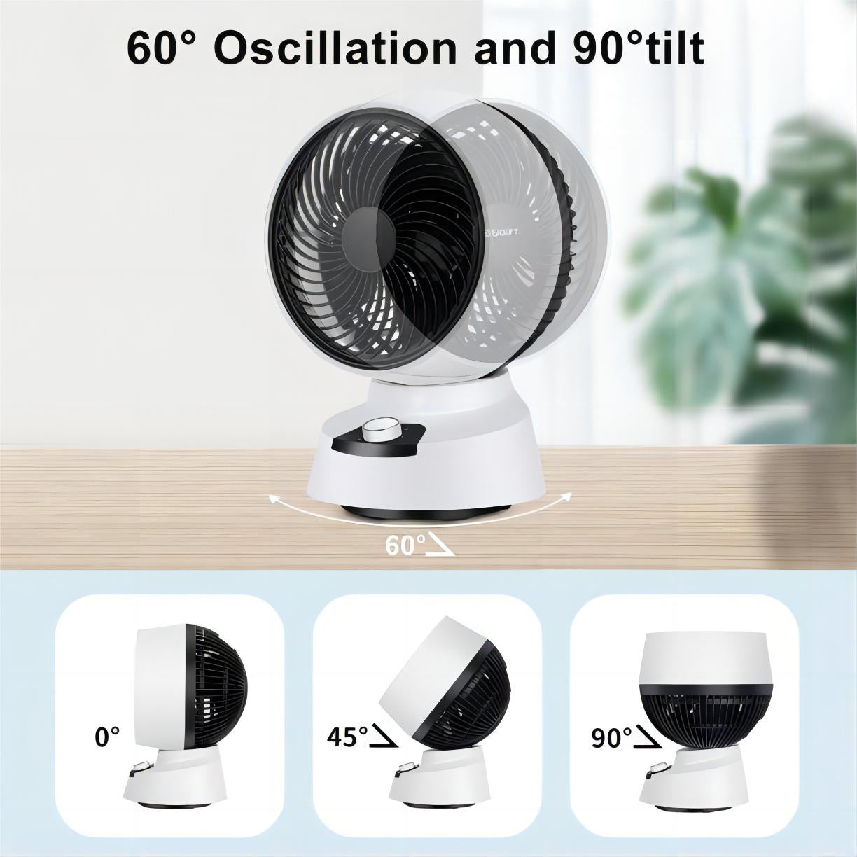 9in Air Circulator Fan, Desk Fan 90¡ã Tilt & 60¡ã Oscillating, White