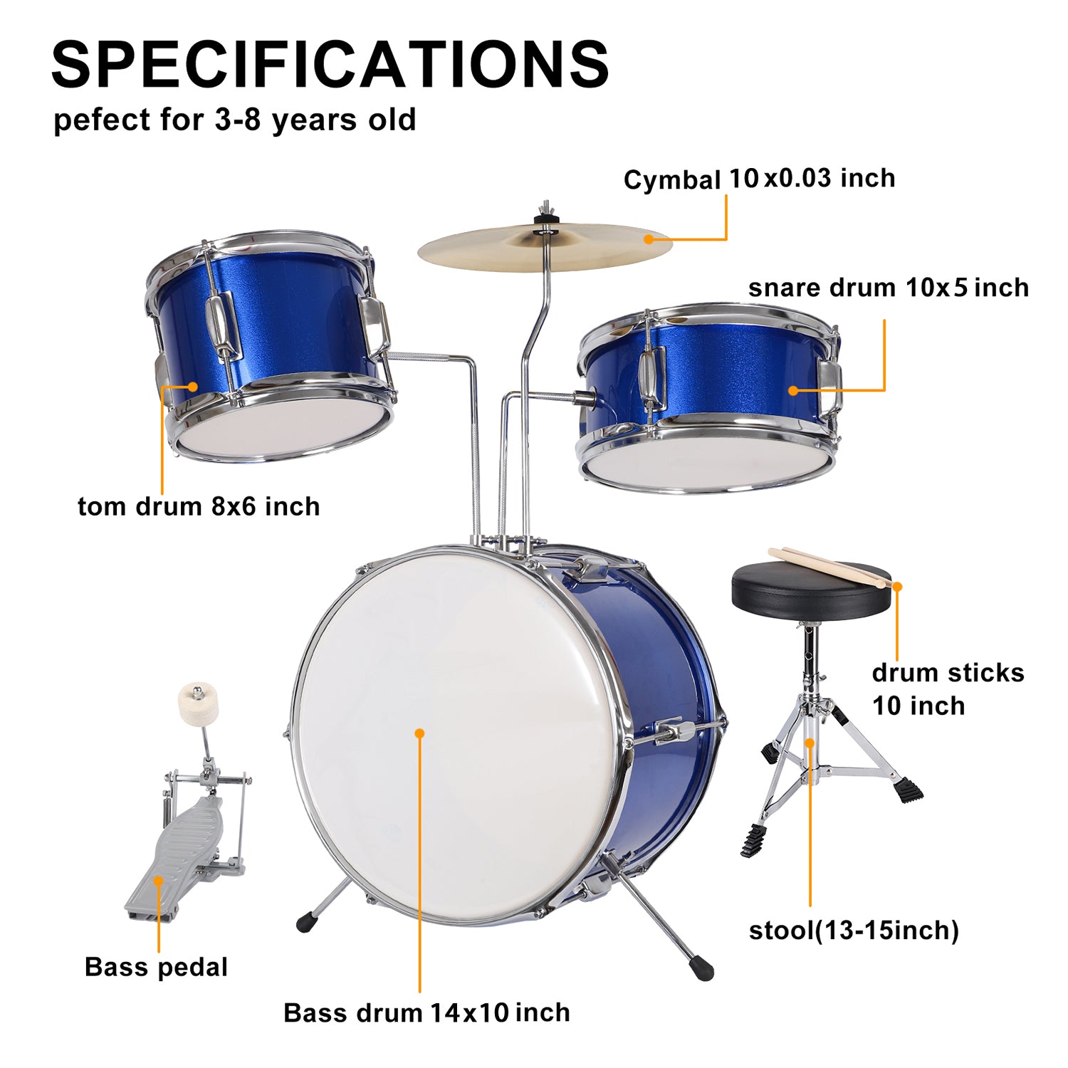 3-Piece 14 inch Kids Drum Set for Junior Beginners, Blue