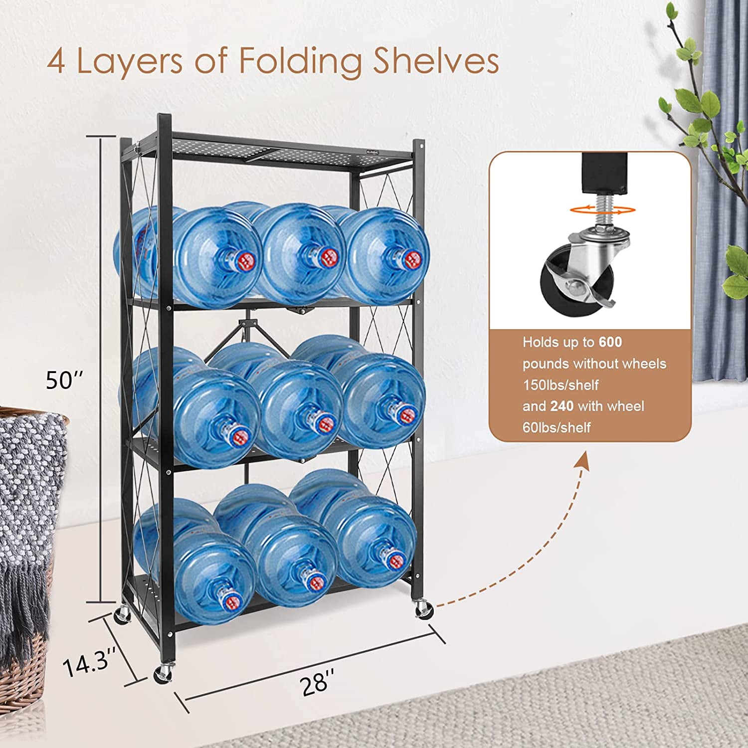 4-Tier Foldable Storage Shelving Unit, Heavy Duty Metal Shelf, Kitchen Shelf with 3 Hooks