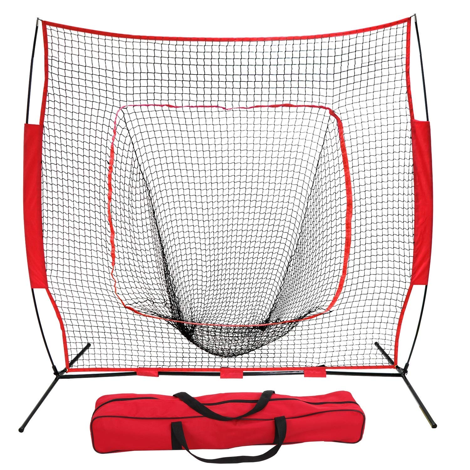 SUGIFT  7'¡Á7' Baseball Softball Practice Net Hitting Batting Catching Pitching Training Net w/Carry Bag & Metal Bow Frame, Backstop Screen Equipment Training Aids