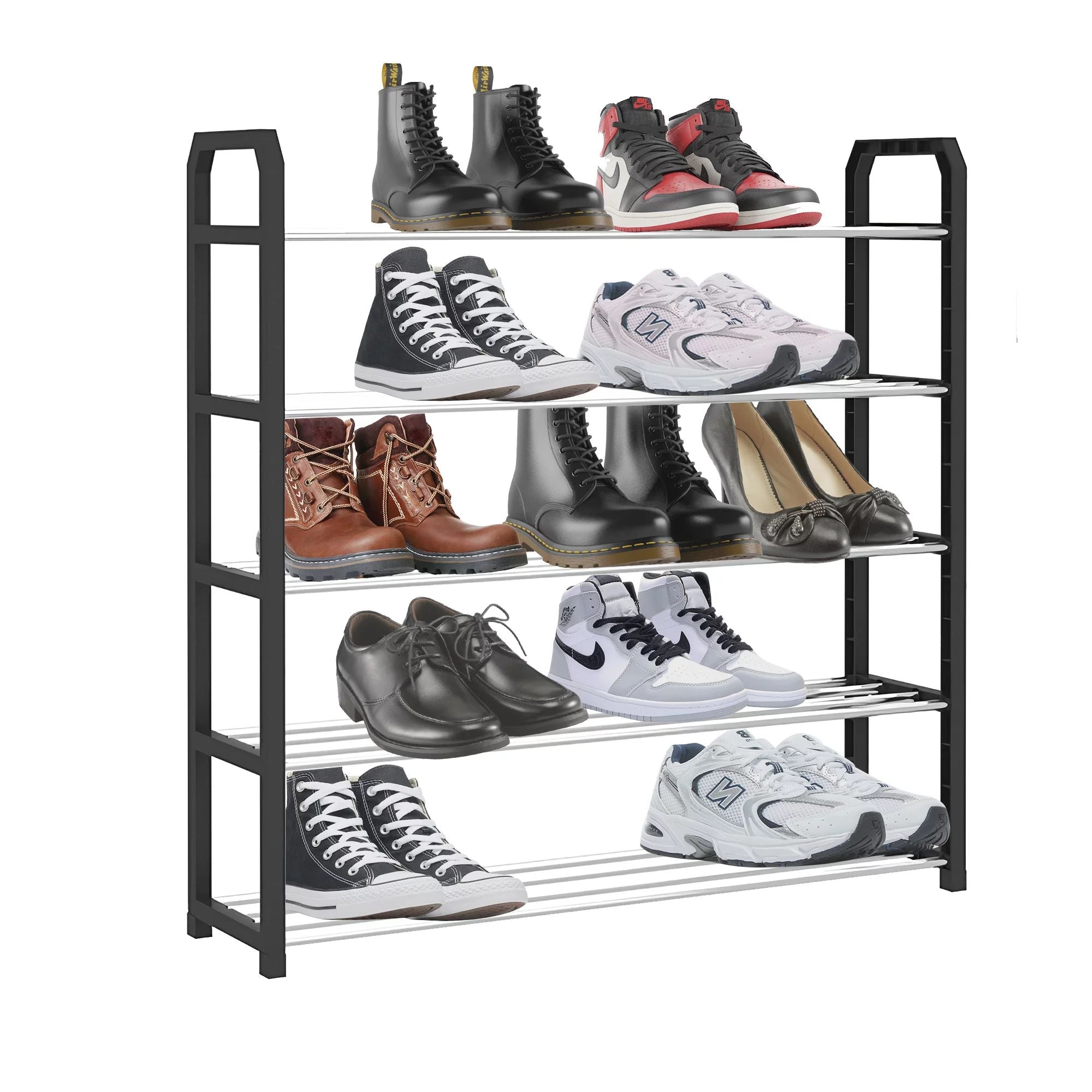 5-Tier Stackable Shoe Rack, 15-Pair Sturdy Shoe Storage Shelves, Black Shoe Organizer Tower for Bedroom, Entryway, Hallway