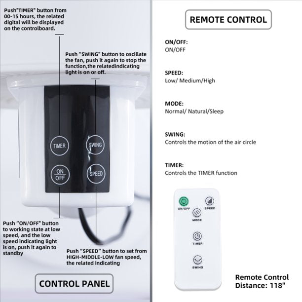 SUGIFT  7 inch Stand Fan, 3 Speeds & 3 Modes, 15 Hours Timer, 70¡ã Oscillating Circulating Fan, Remote Control, Air Circulation Fan White