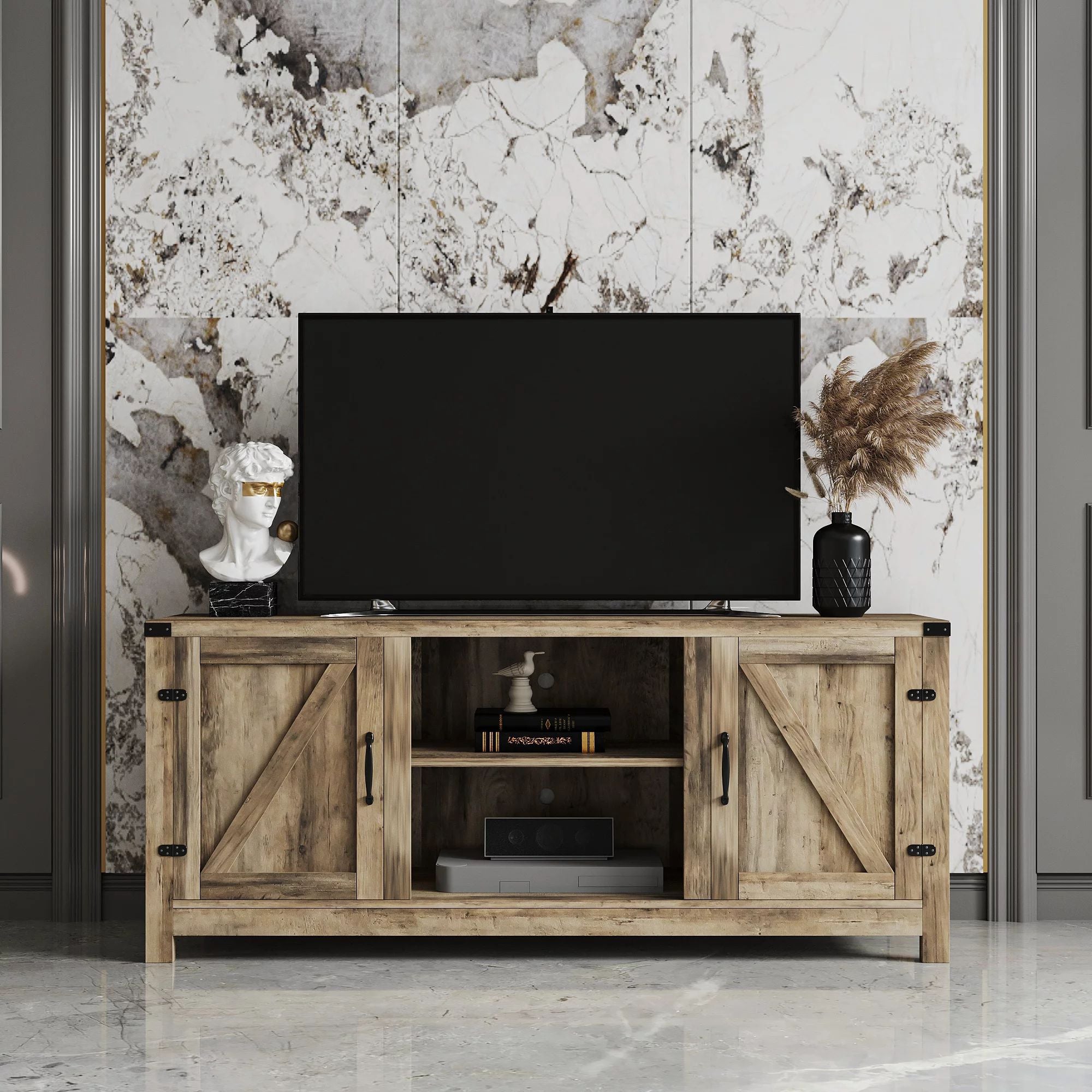 Modern Farmhouse TV Stand, 2-Door TV Cabinet for TV up to 65inch