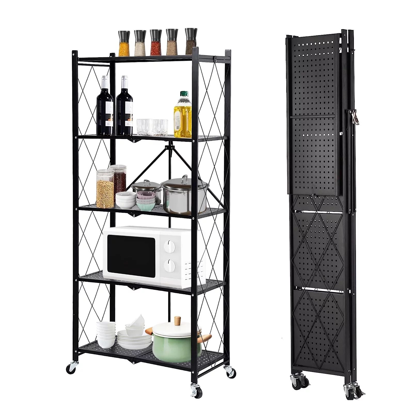 5-Tier Foldable Storage Shelving Unit, Heavy Duty Metal Kitchen Shelf with 3 Hooks