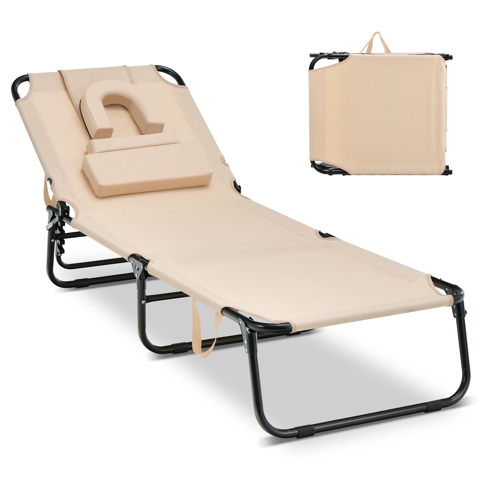 Beach Chaise Lounge Chair with Face Hole and Removable Pillow