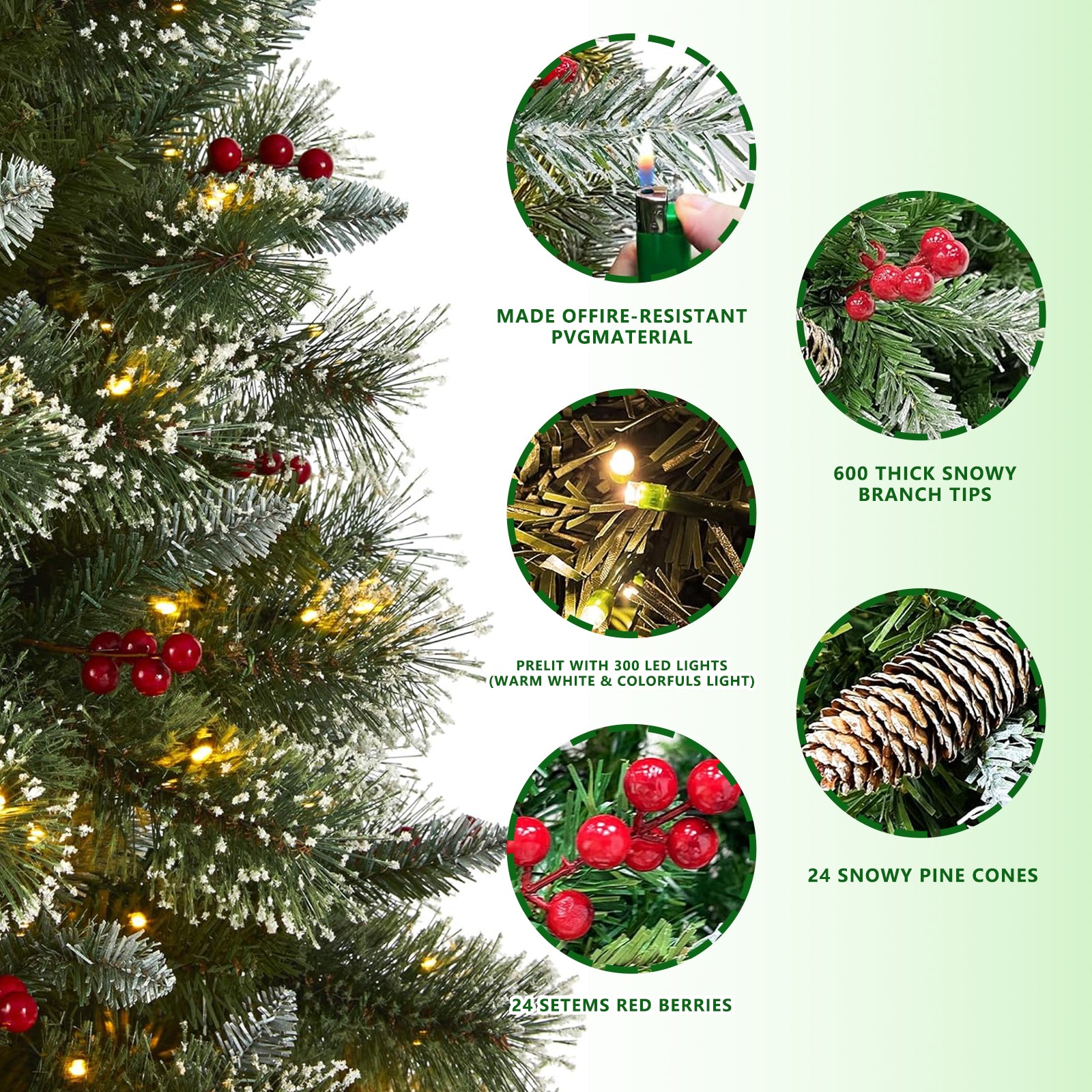 6.5Ft Pre-Lit LED Artificial Christmas Tree with 600 Branch Tips, Glittering Needles, Berries and Pine Cones