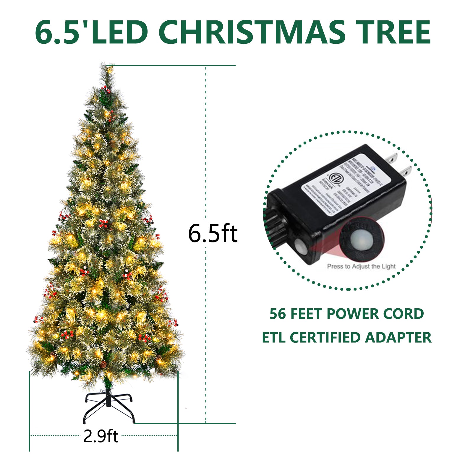 6.5Ft Pre-Lit LED Artificial Christmas Tree with 600 Branch Tips, Glittering Needles, Berries and Pine Cones