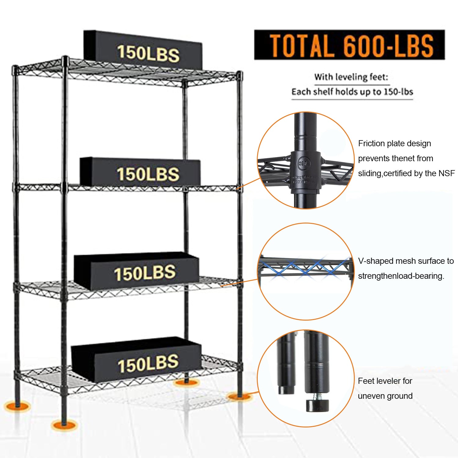 4 Tier Adjustable, NSF Storage Shelving Unit, Steel Wire Shelves Garage Shelving Storage Racks