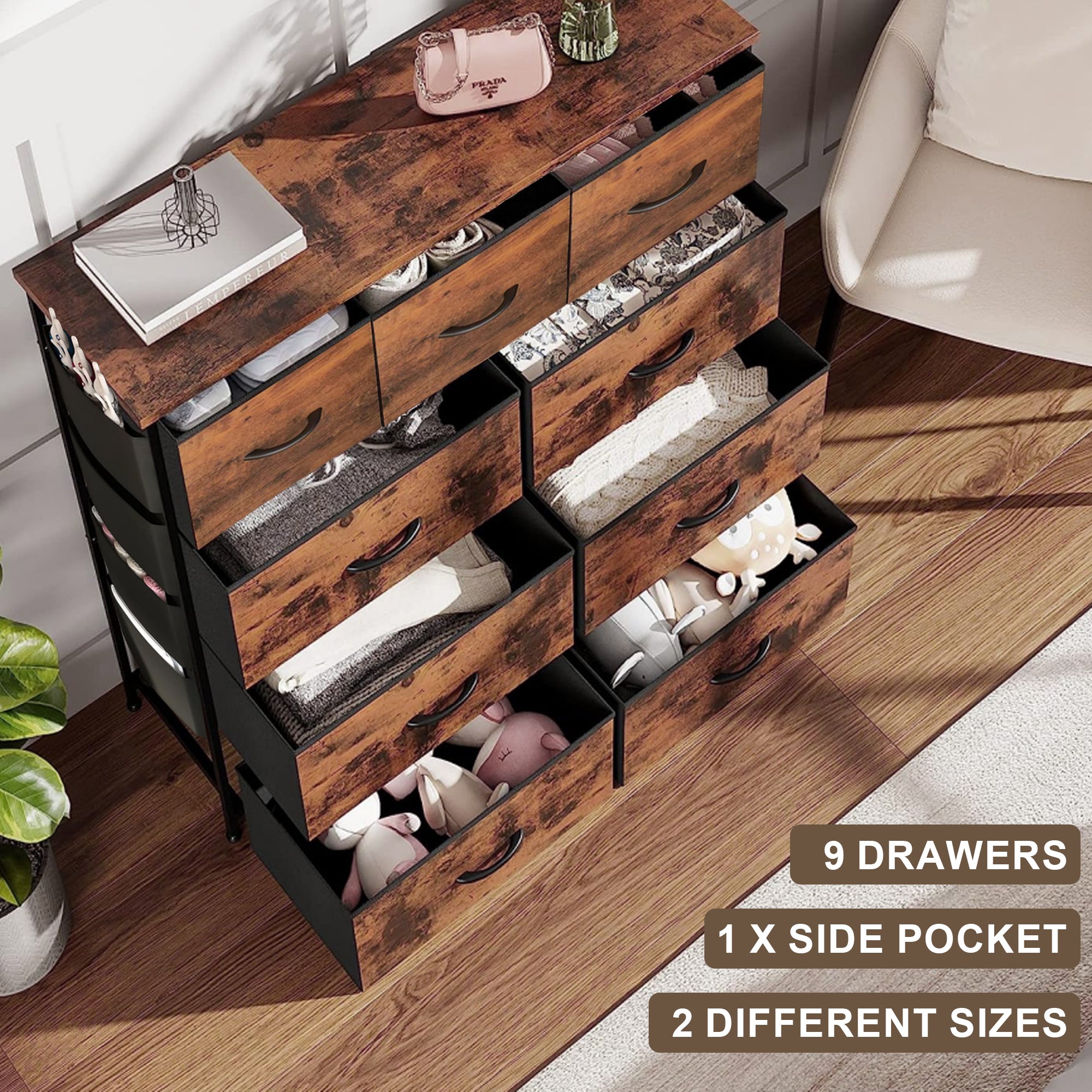 9 Dresser Chest Closet Storage Organizer Unit for Bedroom with Side Pockets and Hooks Fabric Storage