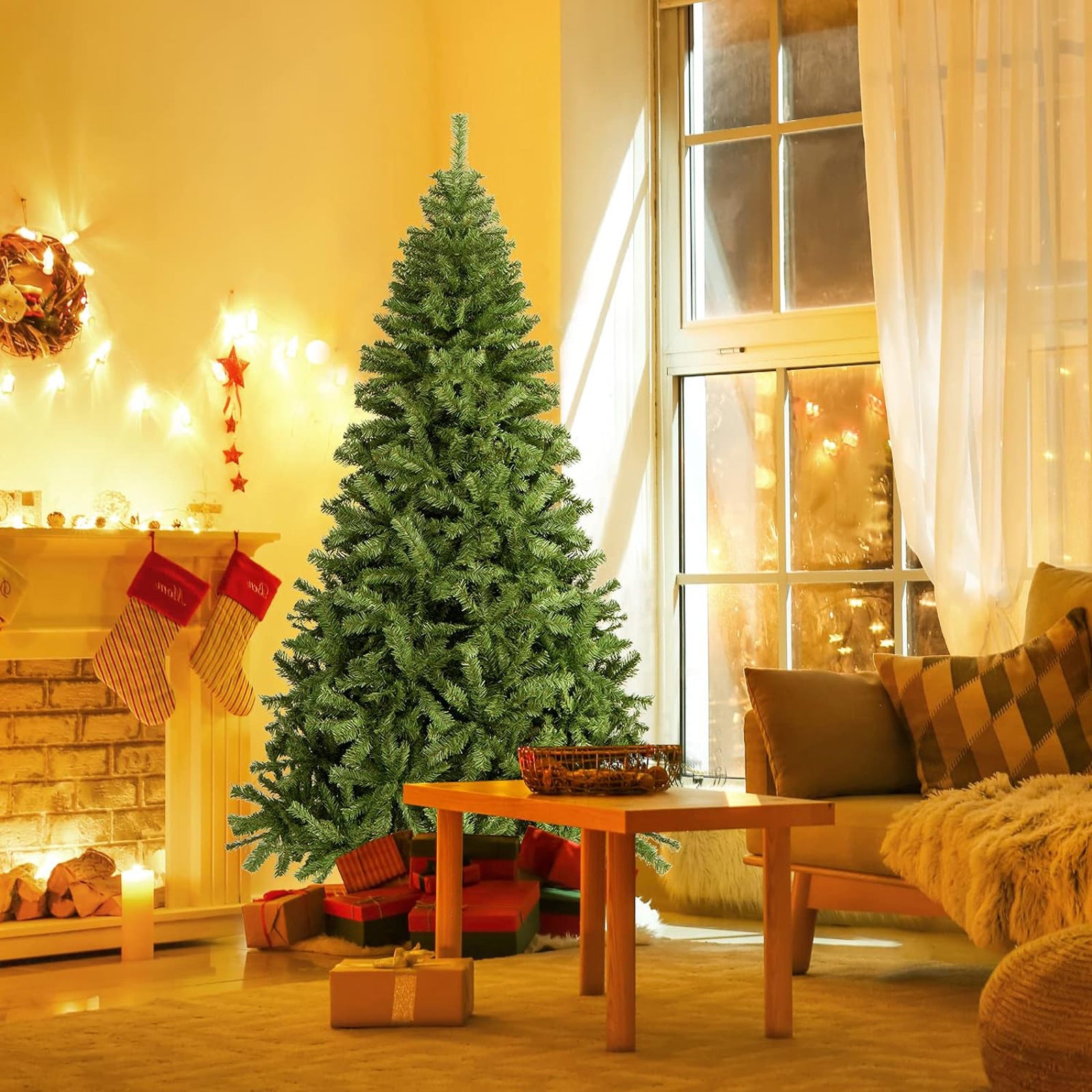 6ft Christmas Tree with 1000 Branch Tips Artificial Xmas Tree with Metal Hinges & Foldable Base