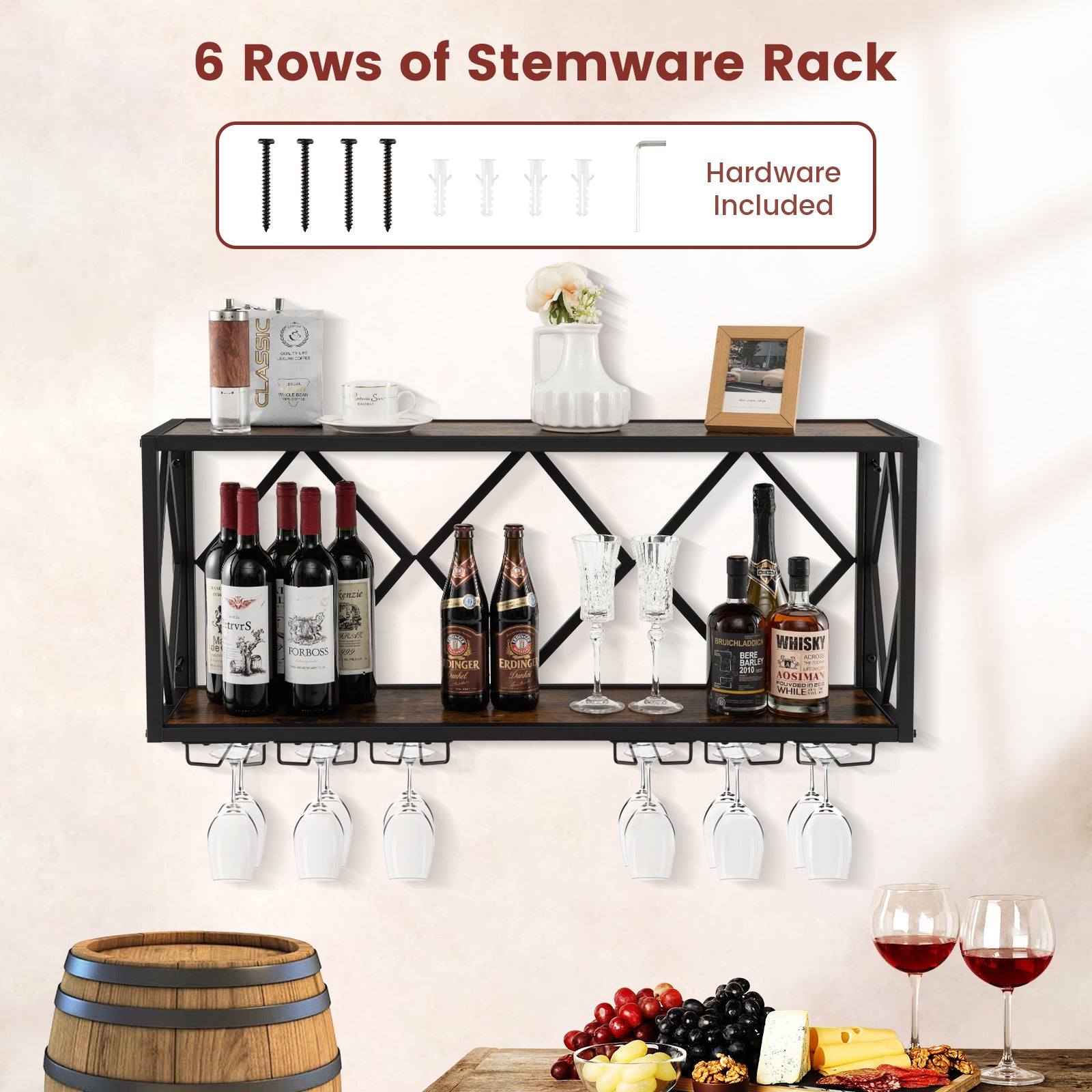 Wall Mounted Wine Rack for 39 Bottles and 12 Glasses