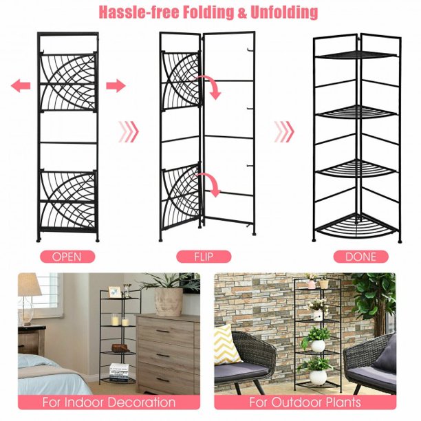 SUGIFT  4 Tier Folding Metal Shelf Plant Stand Storage Open Shelf Corner Display Rack