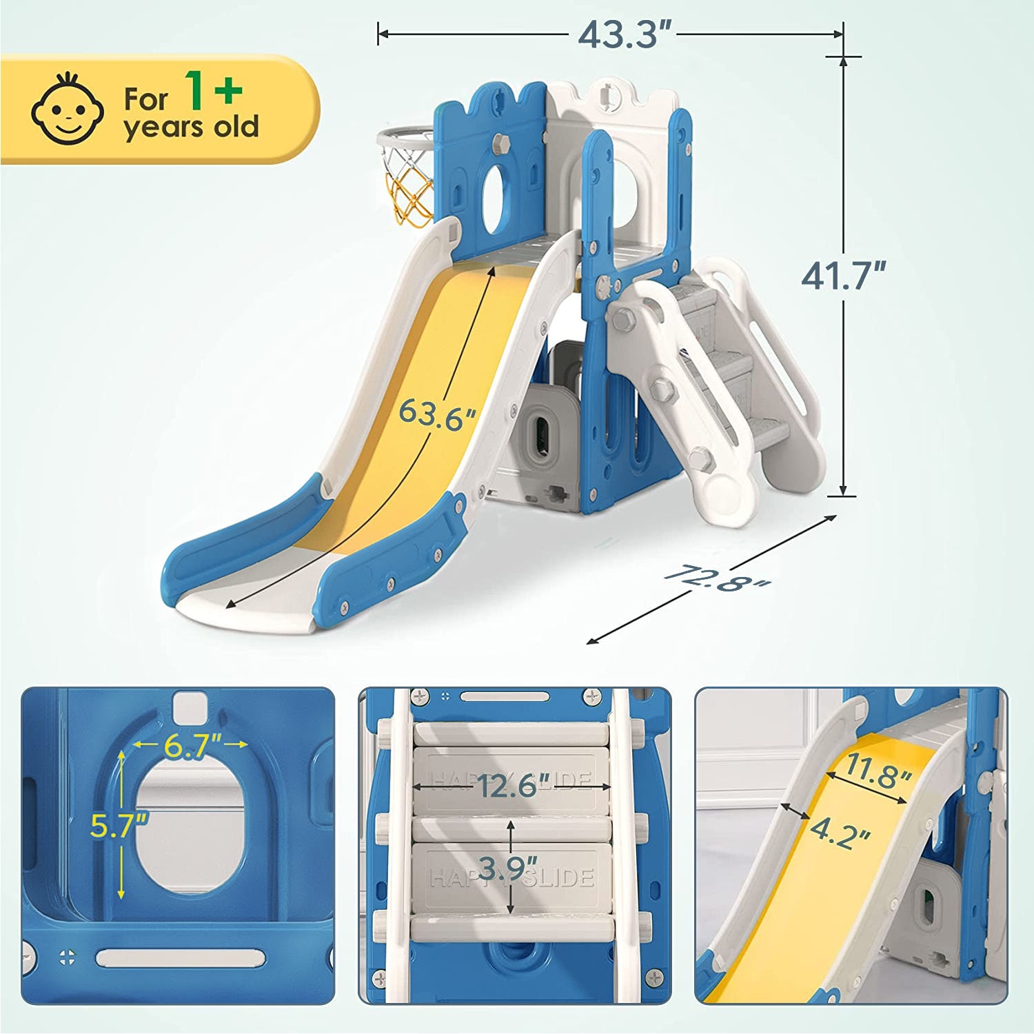 4-in-1 L-Shaped Freestanding Kids Slide Playset with Climber & Basketball Frame