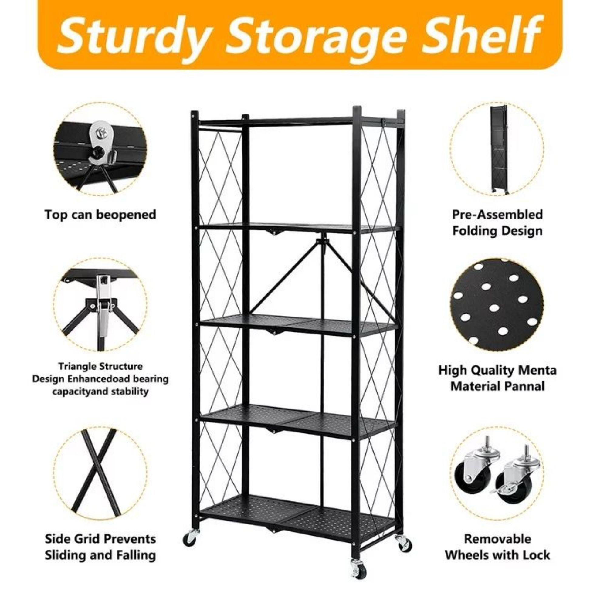 5-Tier Foldable Storage Shelving Unit, Heavy Duty Metal Kitchen Shelf with 3 Hooks