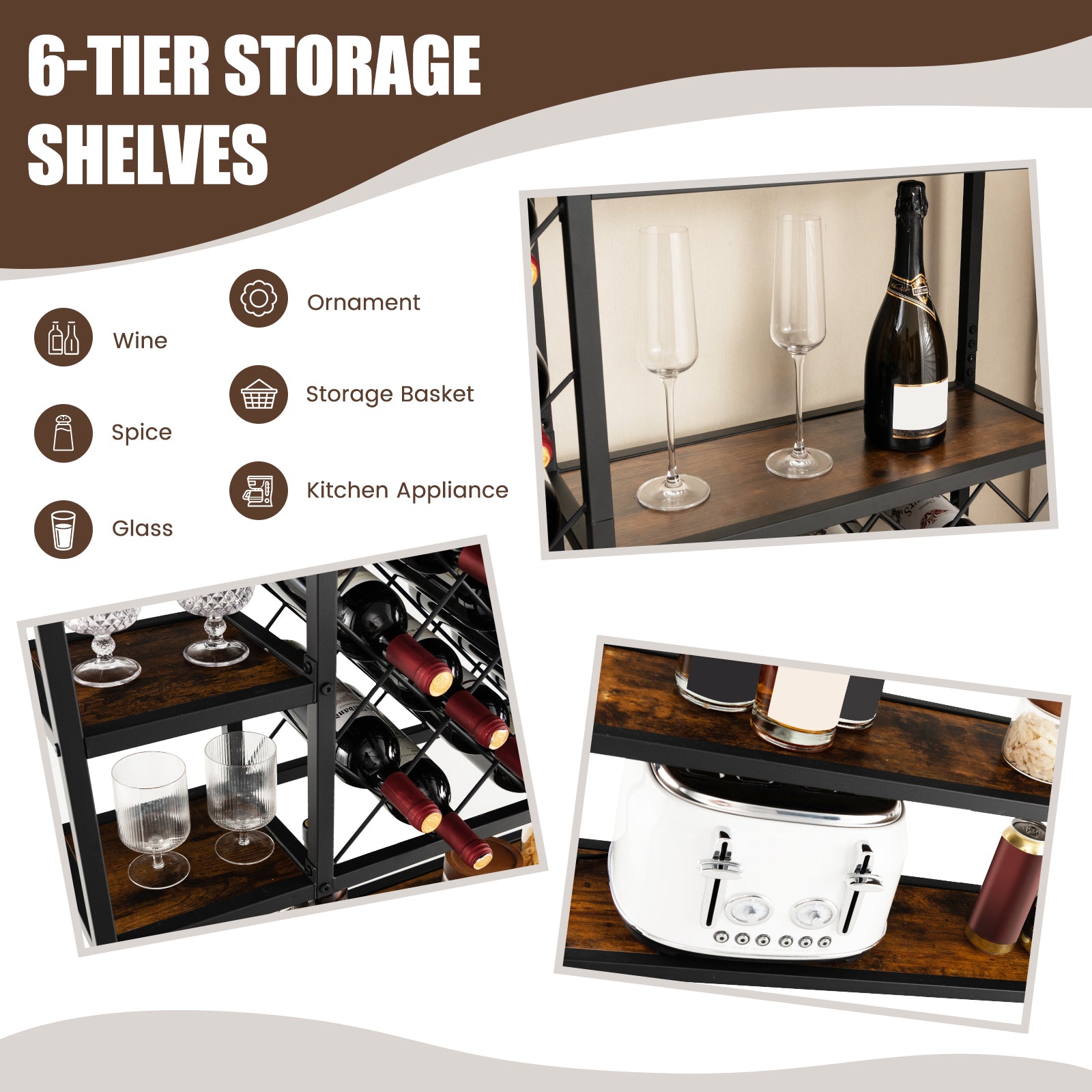 Industrial Floor Wine Rack with 3 Rows of Stemware Racks