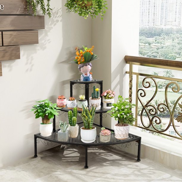 SUGIFT  3-Tier Corner Storage Metal Flower Ladder Plant Stand