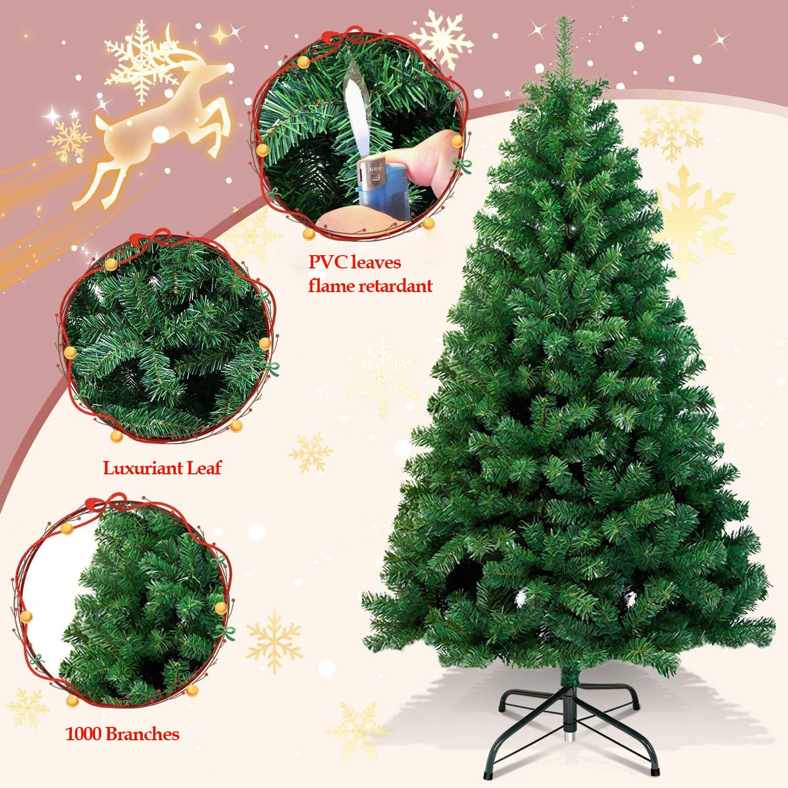 6ft Christmas Tree with 1000 Branch Tips Artificial Xmas Tree with Metal Hinges & Foldable Base