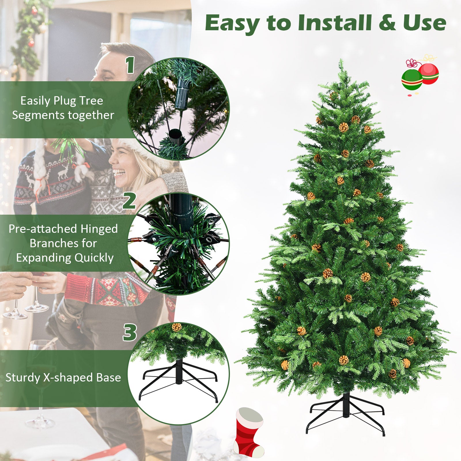 7 Feet Artificial Christmas Tree with LED Lights and Pine Cones