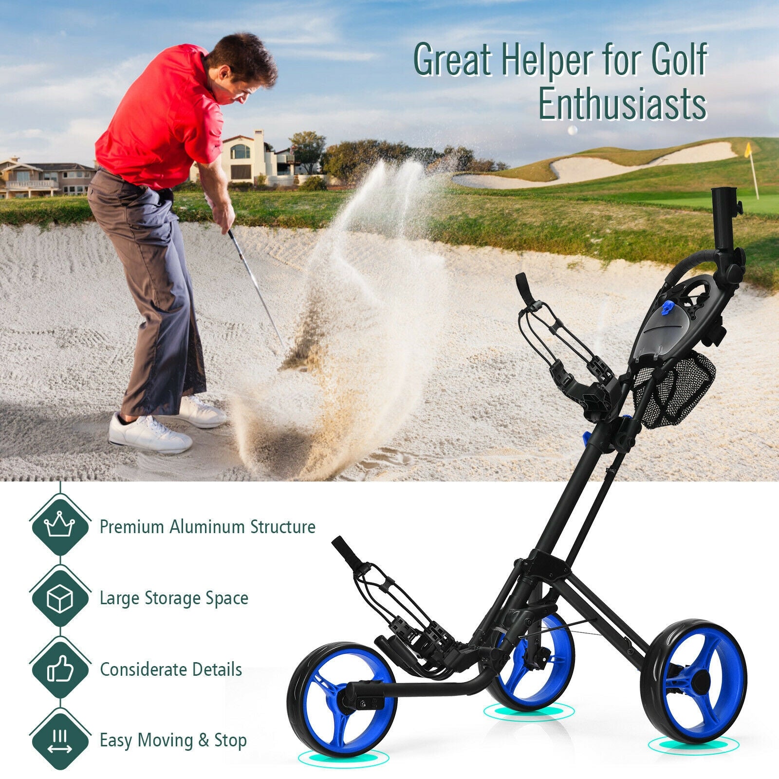 3 Wheel Folding Golf Push Cart with Brake Scoreboard Adjustable Handle