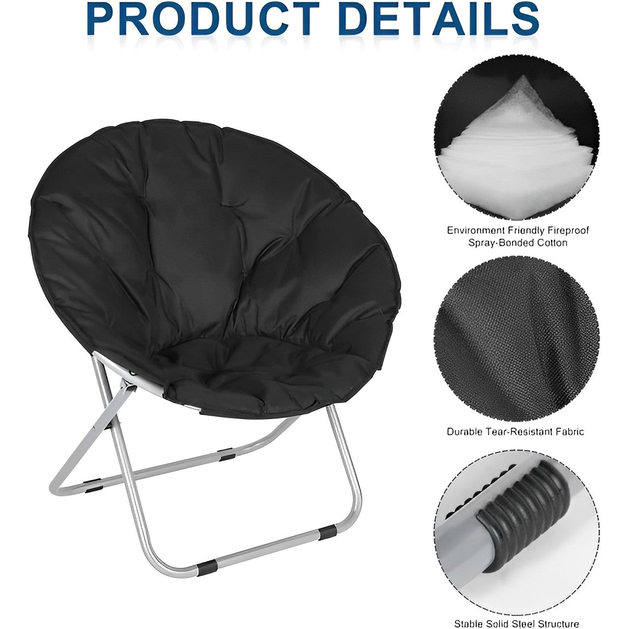 SUGIFT 30 inch Folding Cozy Chair Saucer Chair Moon Chair, Black