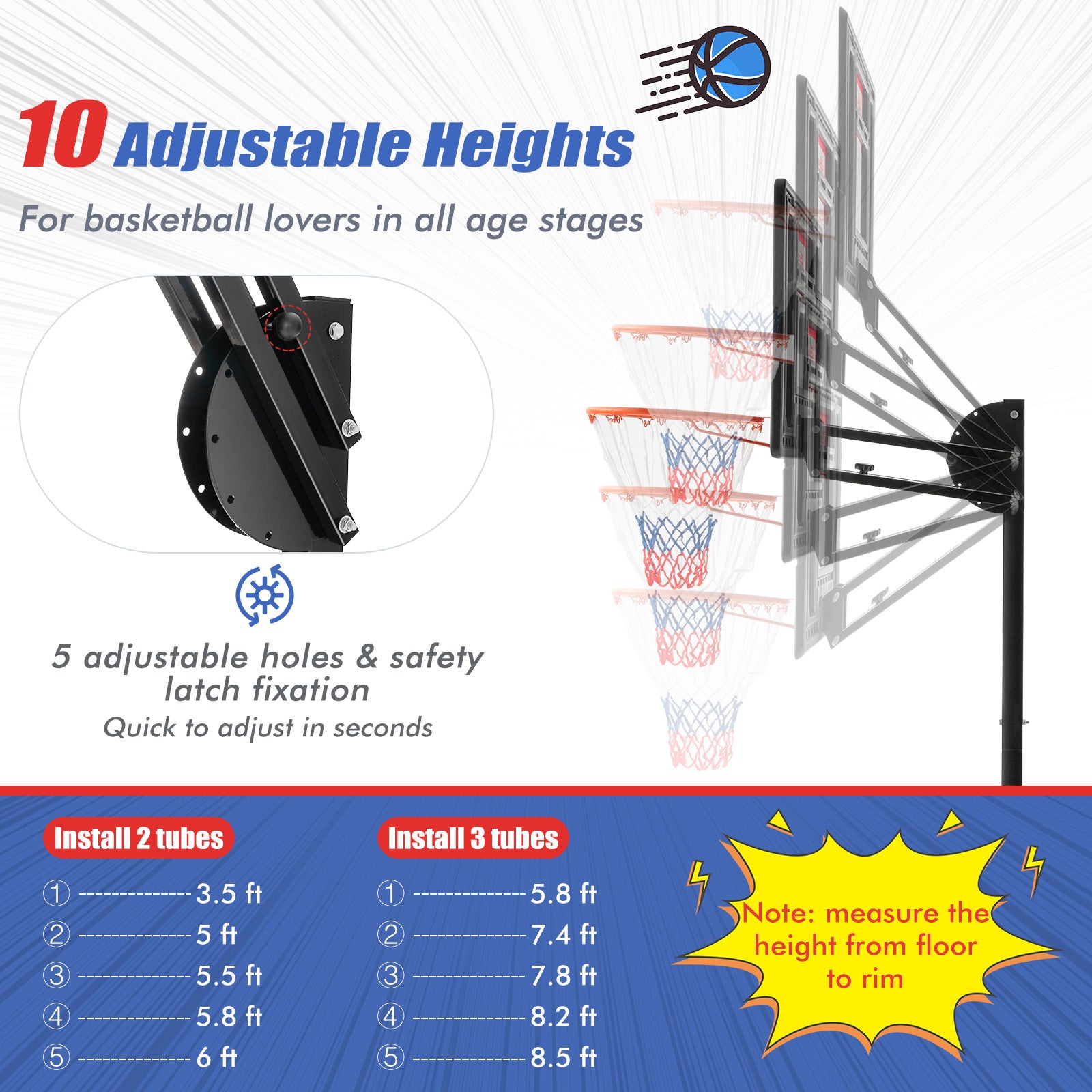 Basketball Hoop with 5-10 Feet Adjustable Height for Indoor Outdoor