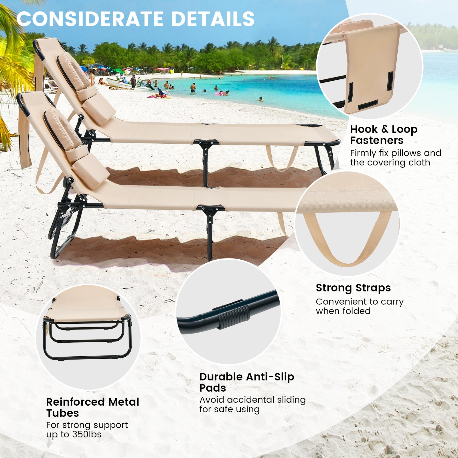 Beach Chaise Lounge Chair with Face Hole and Removable Pillow