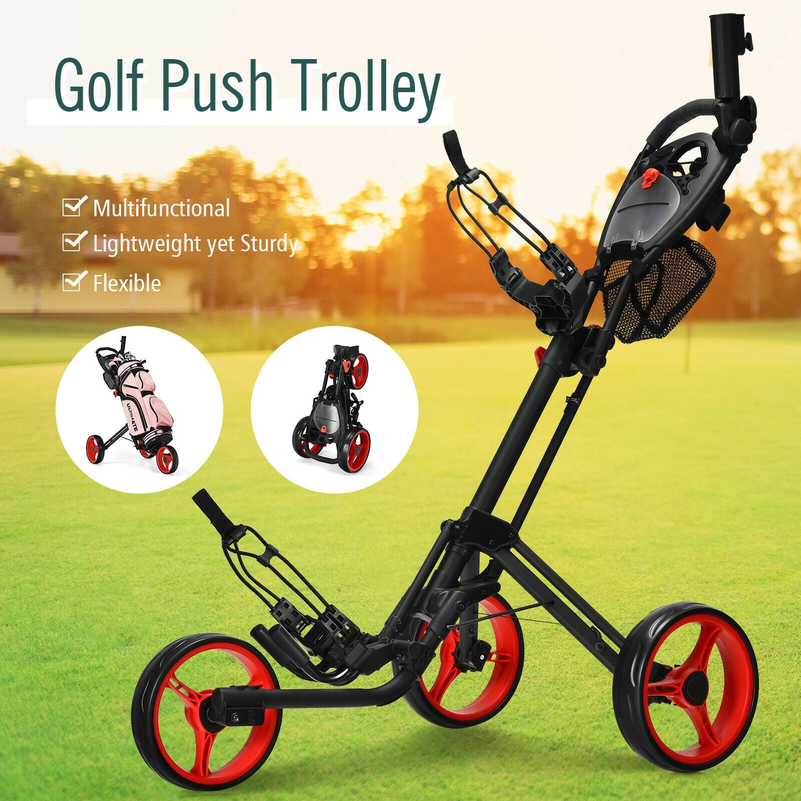 3 Wheel Folding Golf Push Cart with Brake Scoreboard Adjustable Handle