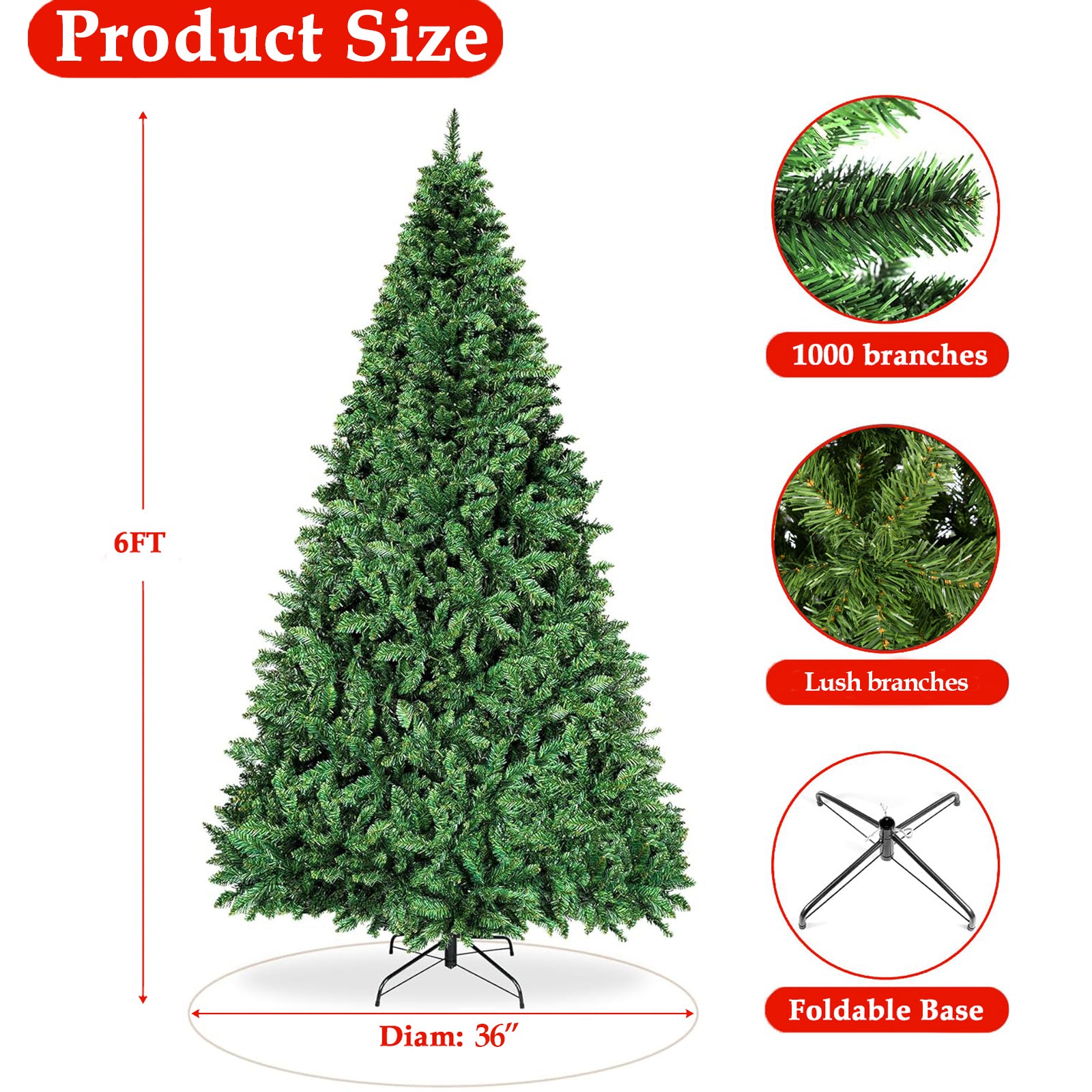 6ft Christmas Tree with 1000 Branch Tips Artificial Xmas Tree with Metal Hinges & Foldable Base