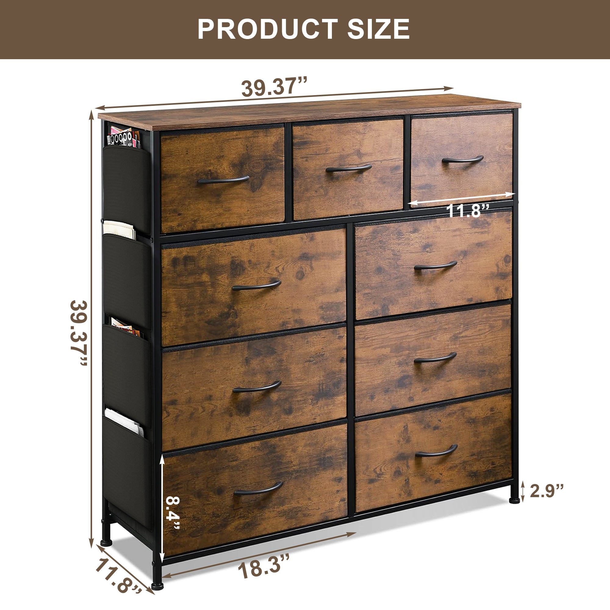 9 Dresser Chest Closet Storage Organizer Unit for Bedroom with Side Pockets and Hooks Fabric Storage