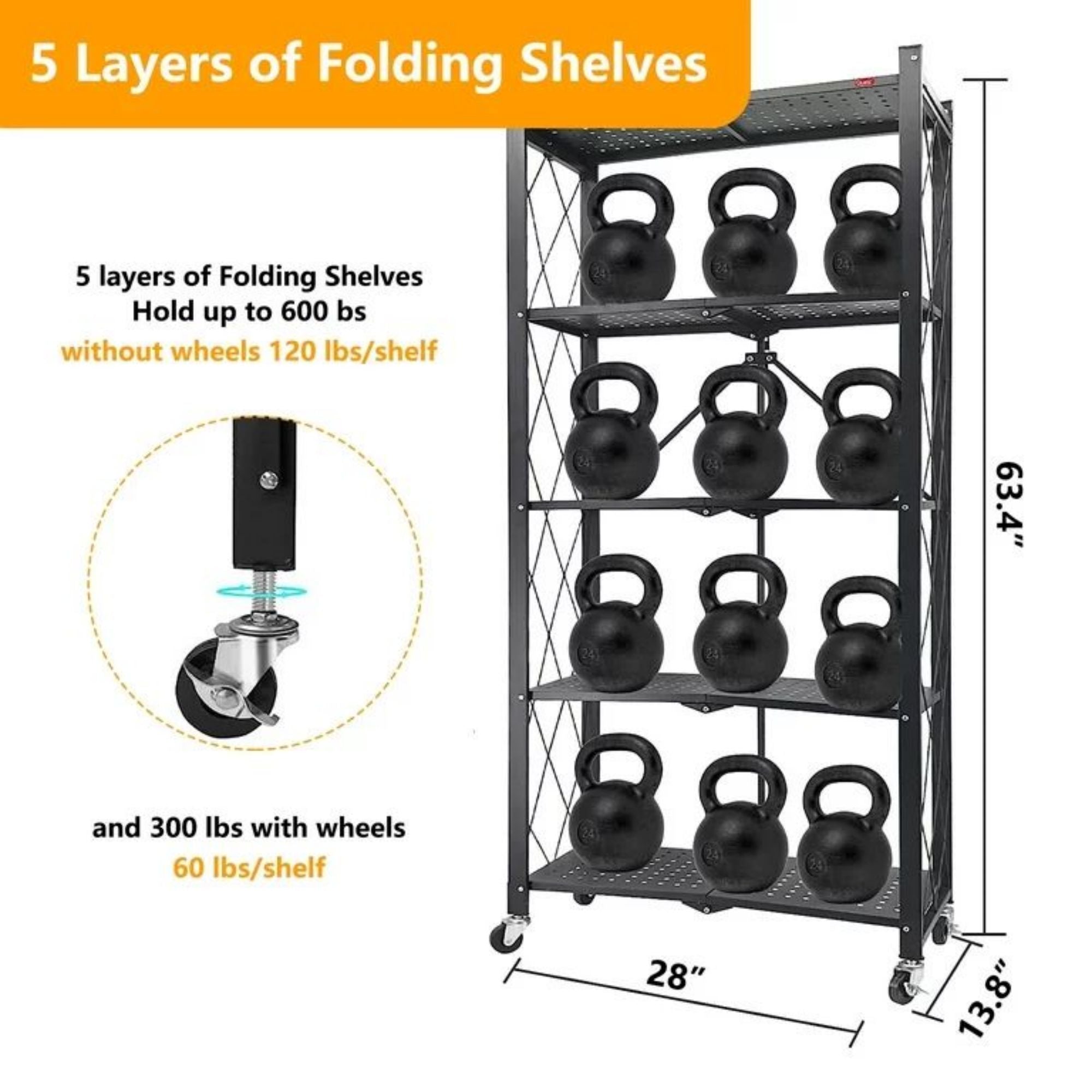 5-Tier Foldable Storage Shelving Unit, Heavy Duty Metal Kitchen Shelf with 3 Hooks