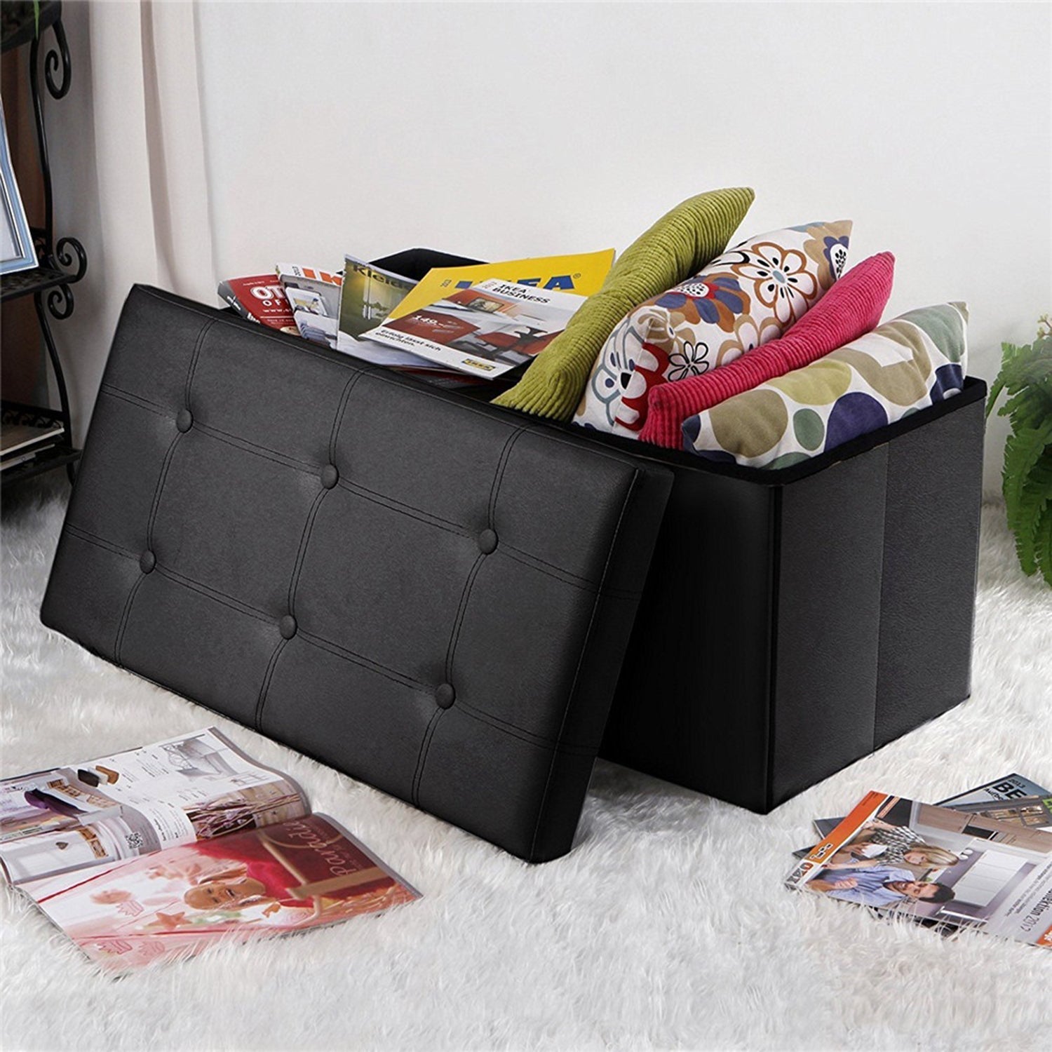 SUGIFT  30 x 15 x 15 inch footstool PU Material Black Footstool with Removable Cover