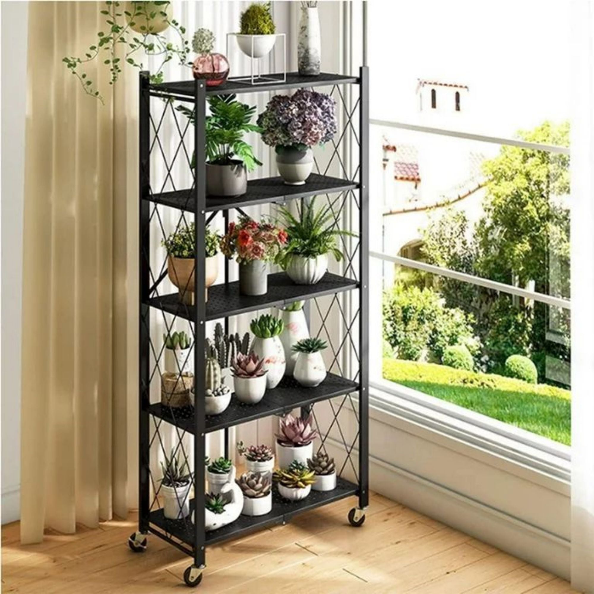 5-Tier Foldable Storage Shelving Unit, Heavy Duty Metal Kitchen Shelf with 3 Hooks