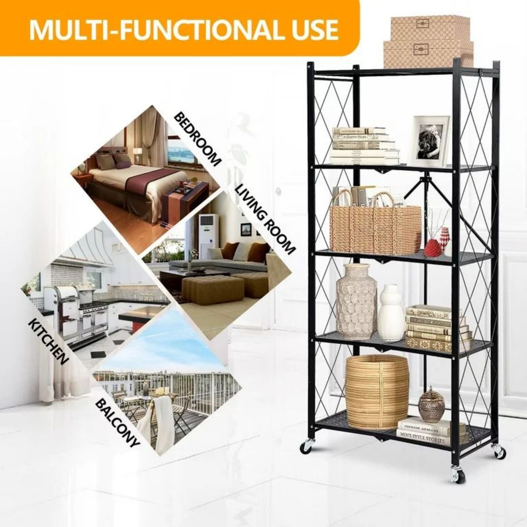 5-Tier Foldable Storage Shelving Unit, Heavy Duty Metal Kitchen Shelf with 3 Hooks