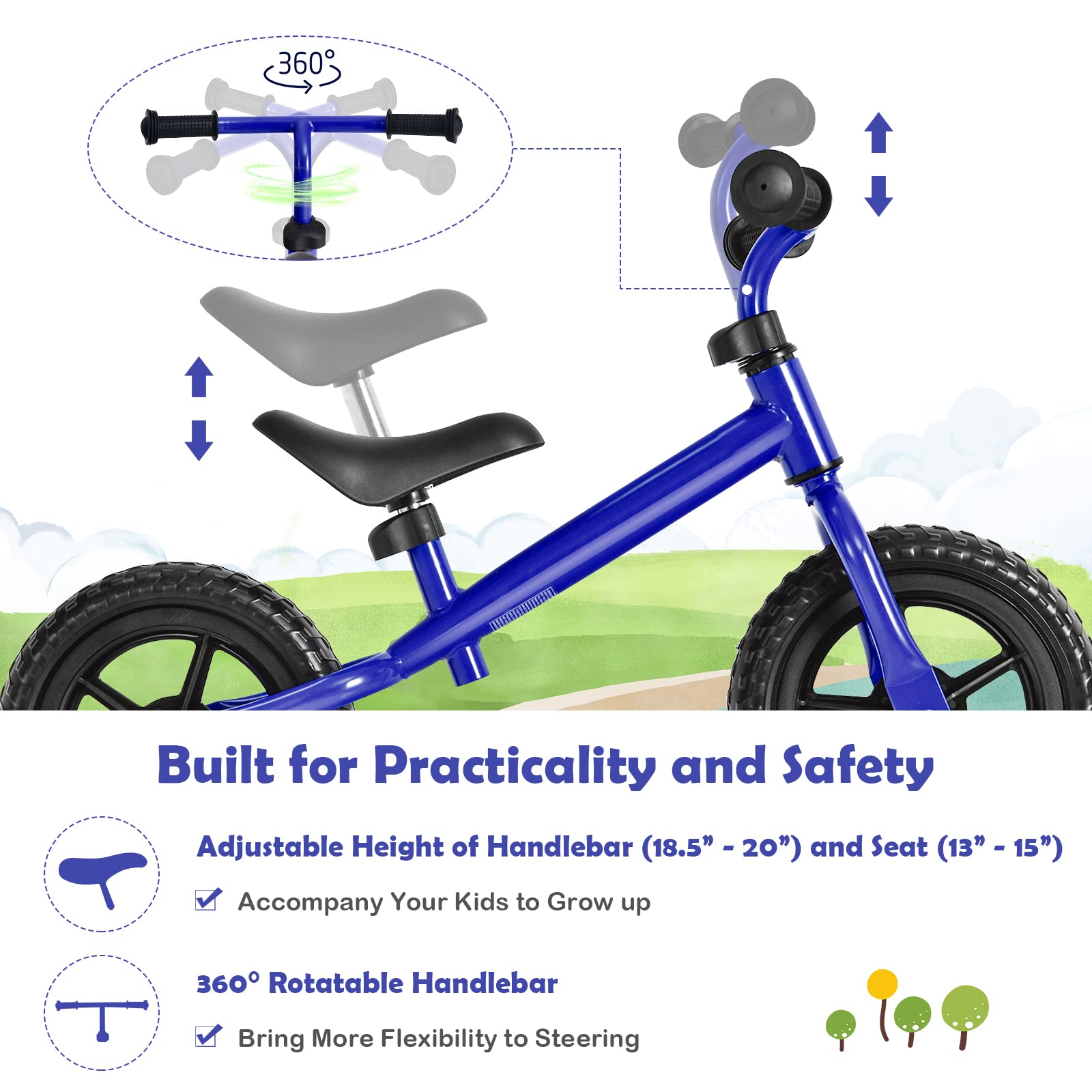 SUGIFT Kids No Pedal Balance Bike with Adjustable Handlebar and Seat - Blue