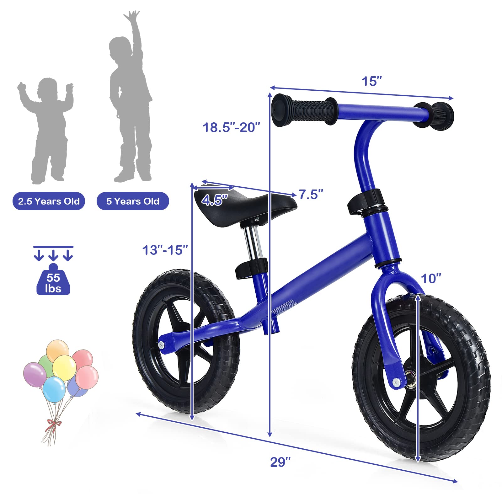 SUGIFT Kids No Pedal Balance Bike with Adjustable Handlebar and Seat - Blue