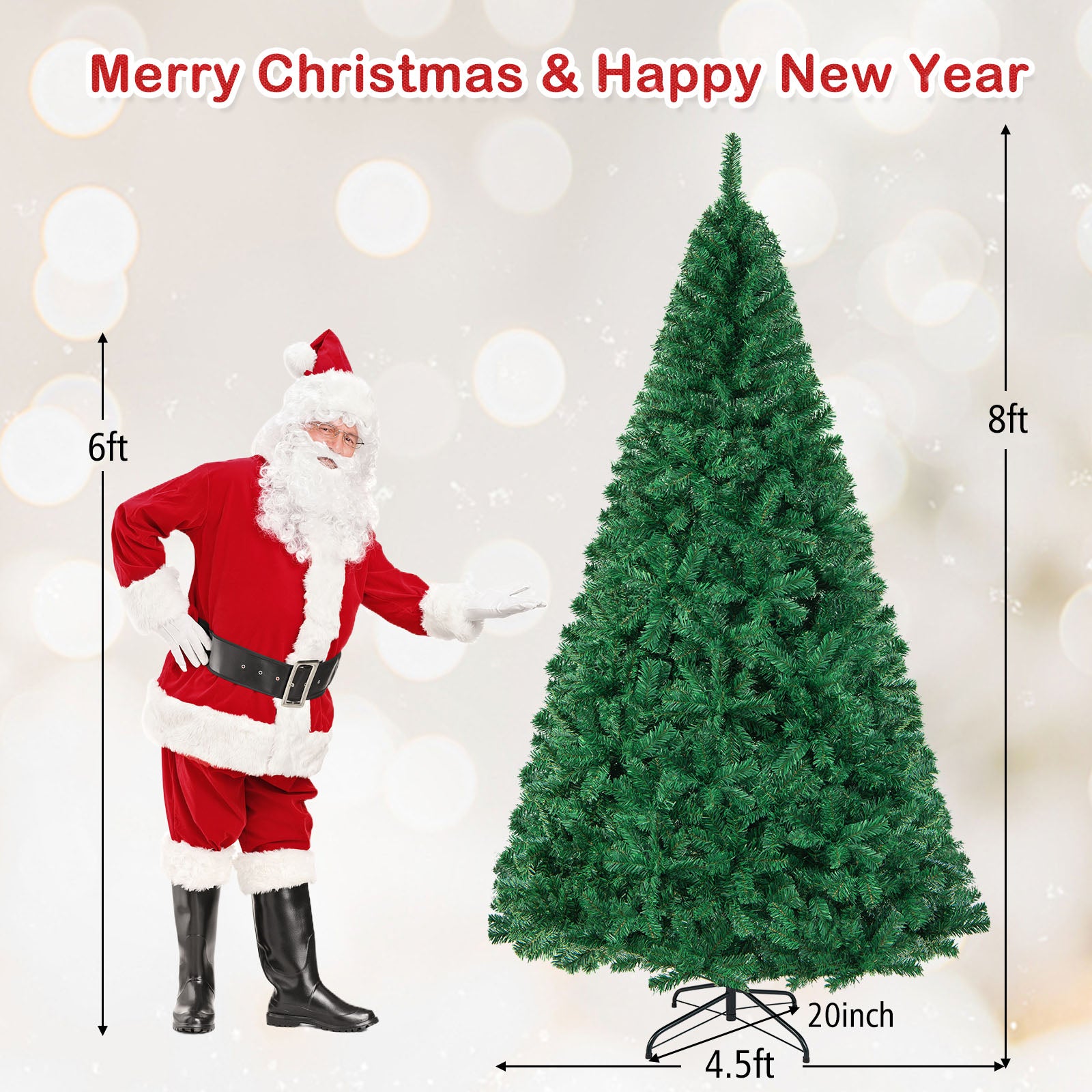 8 Feet Artificial PVC Hinged Christmas Tree with Solid Metal Stand