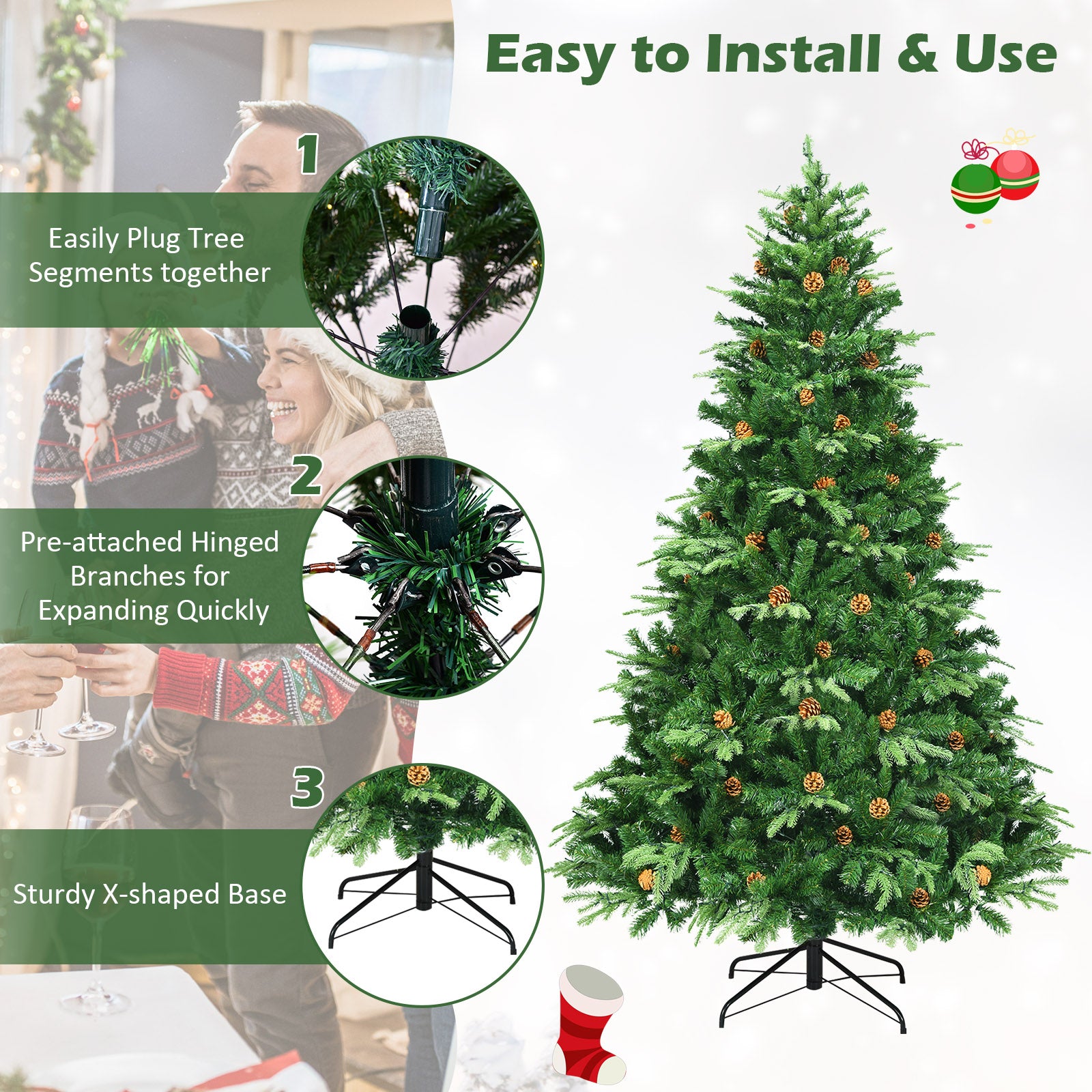 7.5 Feet Artificial Christmas Tree with LED Lights and Pine Cones