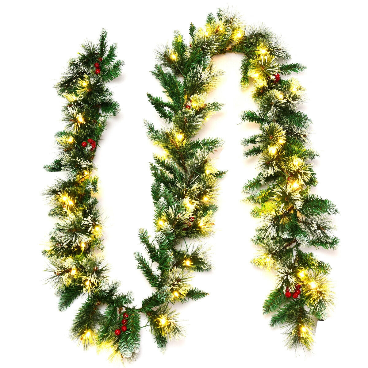 9 Feet Pre-lit Snow Flocked Tips Christmas Garland with Red Berries