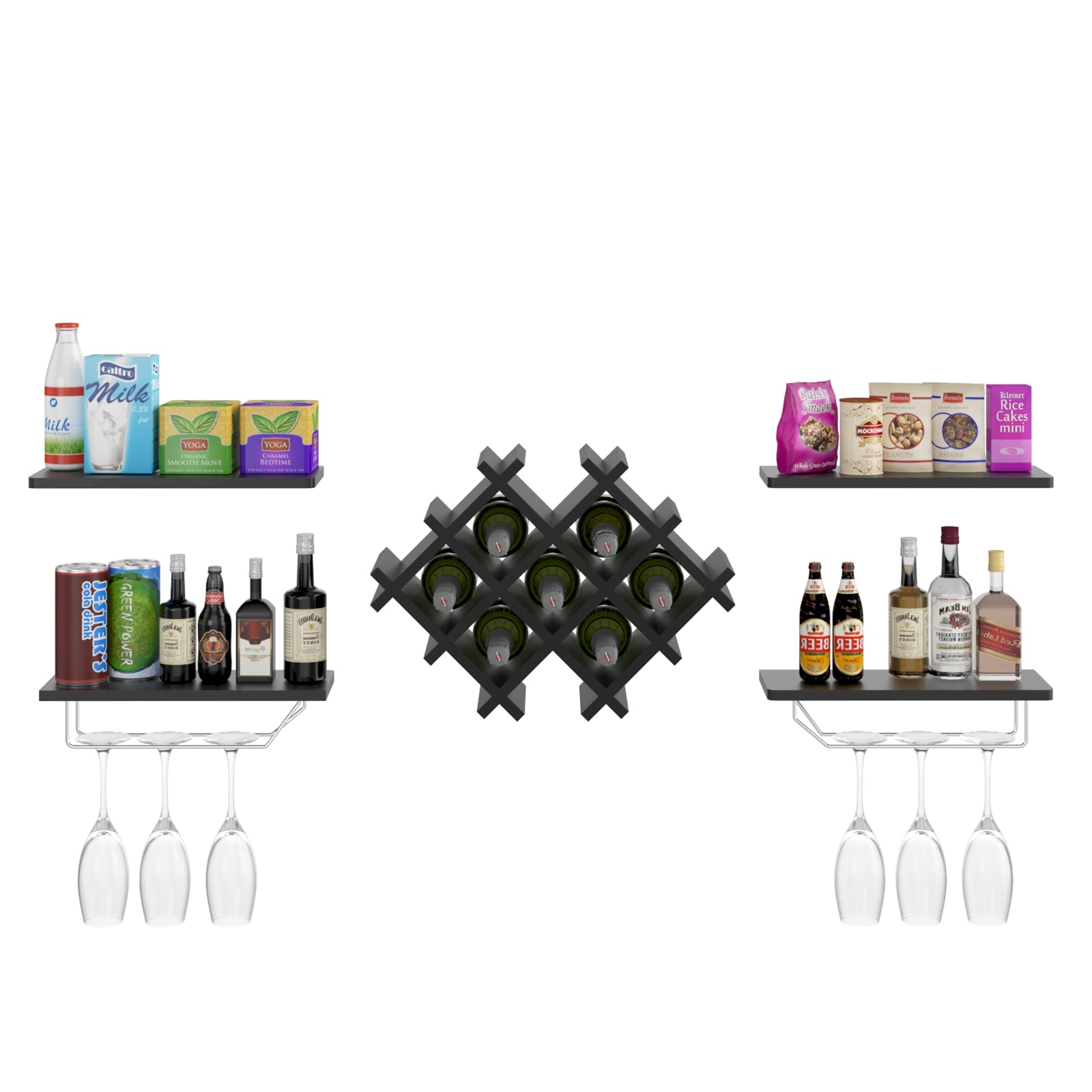 Set of 5 Wall Mount Black Wine Rack Set with Storage Shelves