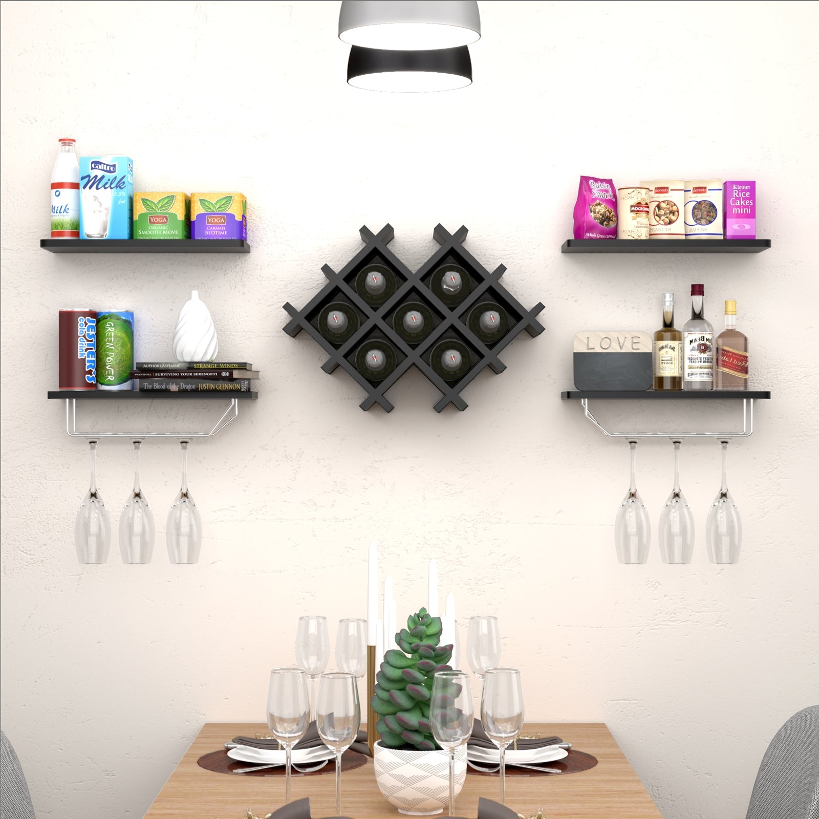 Set of 5 Wall Mount Black Wine Rack Set with Storage Shelves