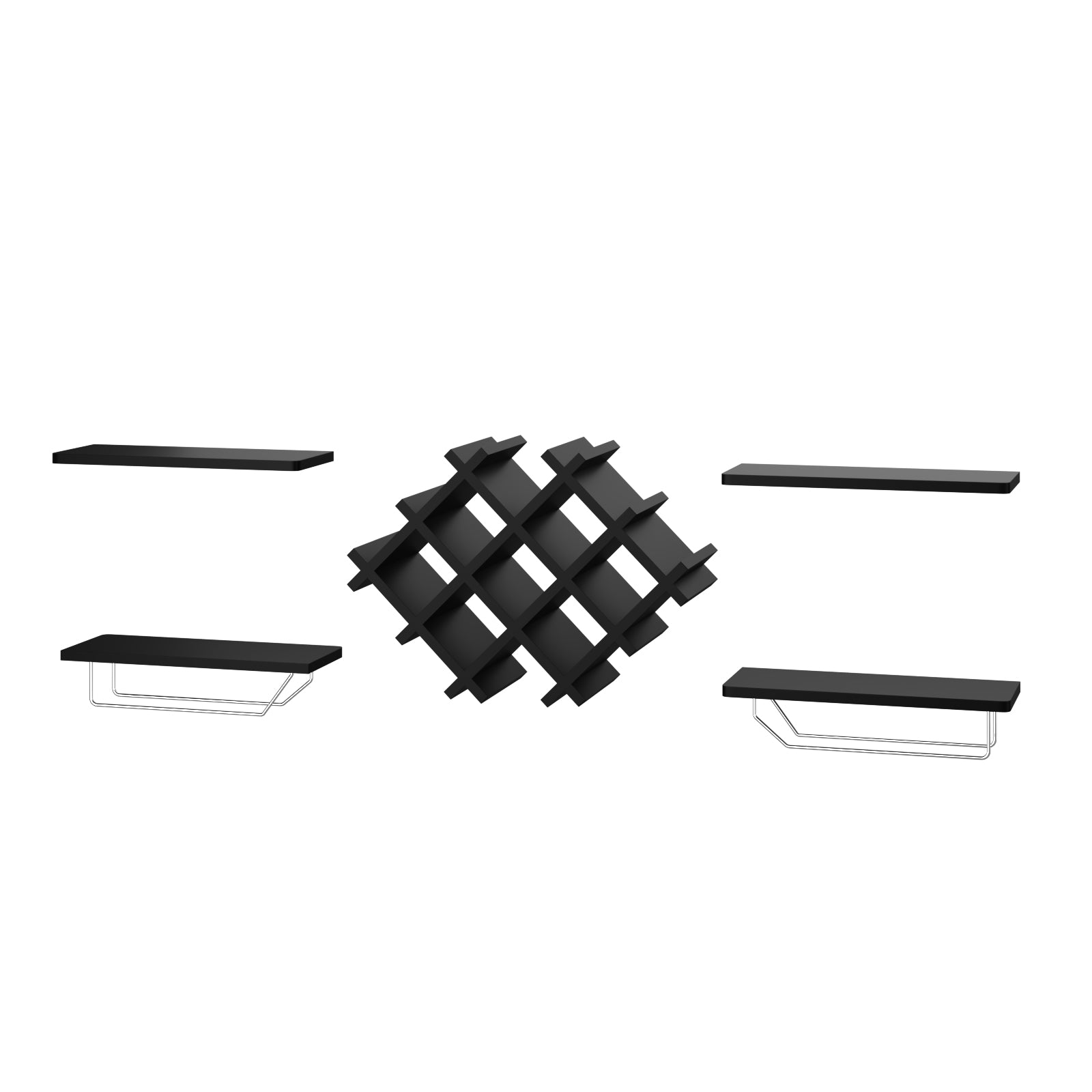 Set of 5 Wall Mount Black Wine Rack Set with Storage Shelves