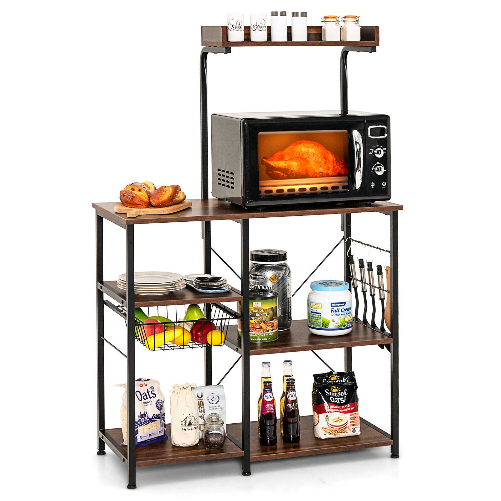 4-tier Kitchen Baker's Rack with Basket and 5 Hooks