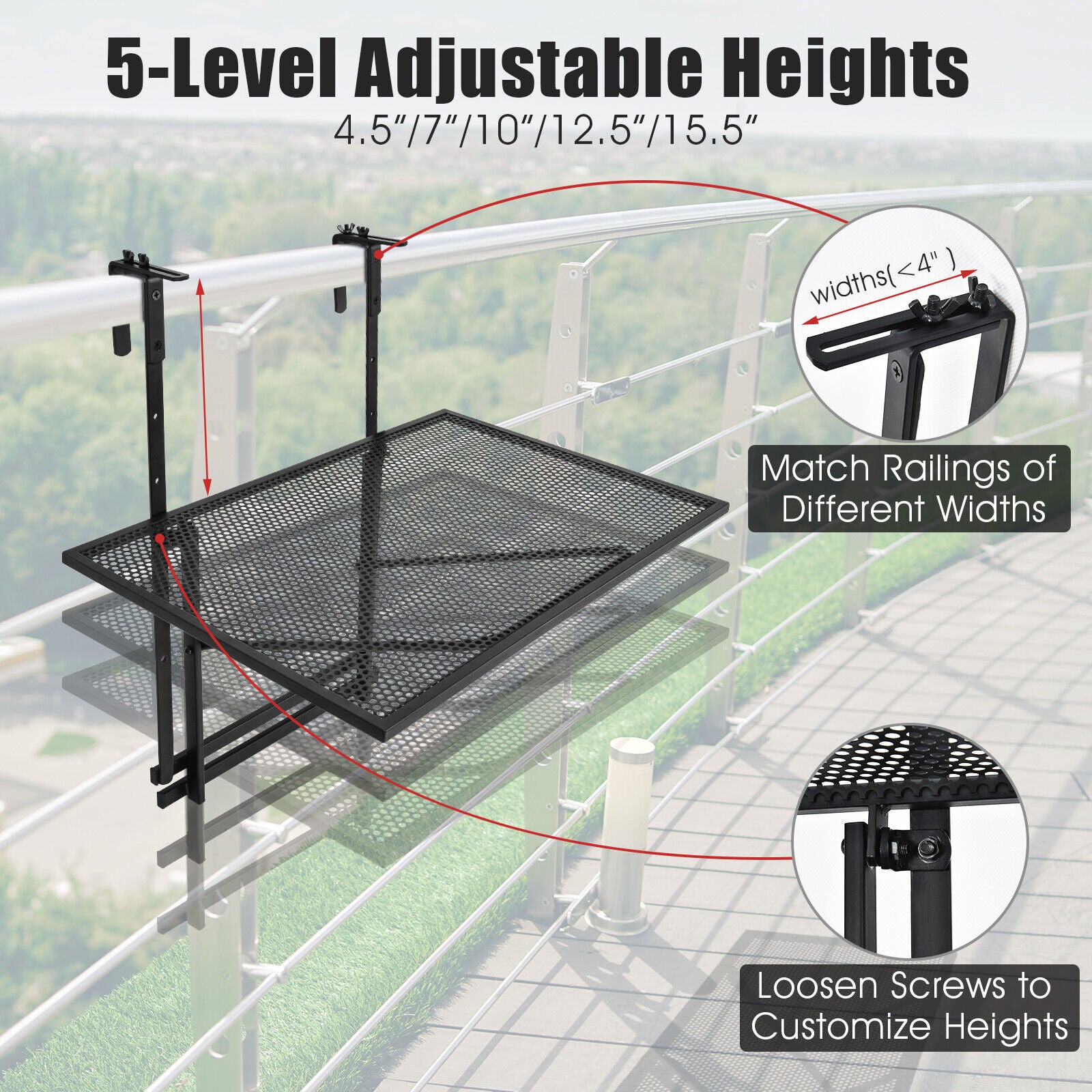 Railing Folding Table with 5-Level Adjustable Heights