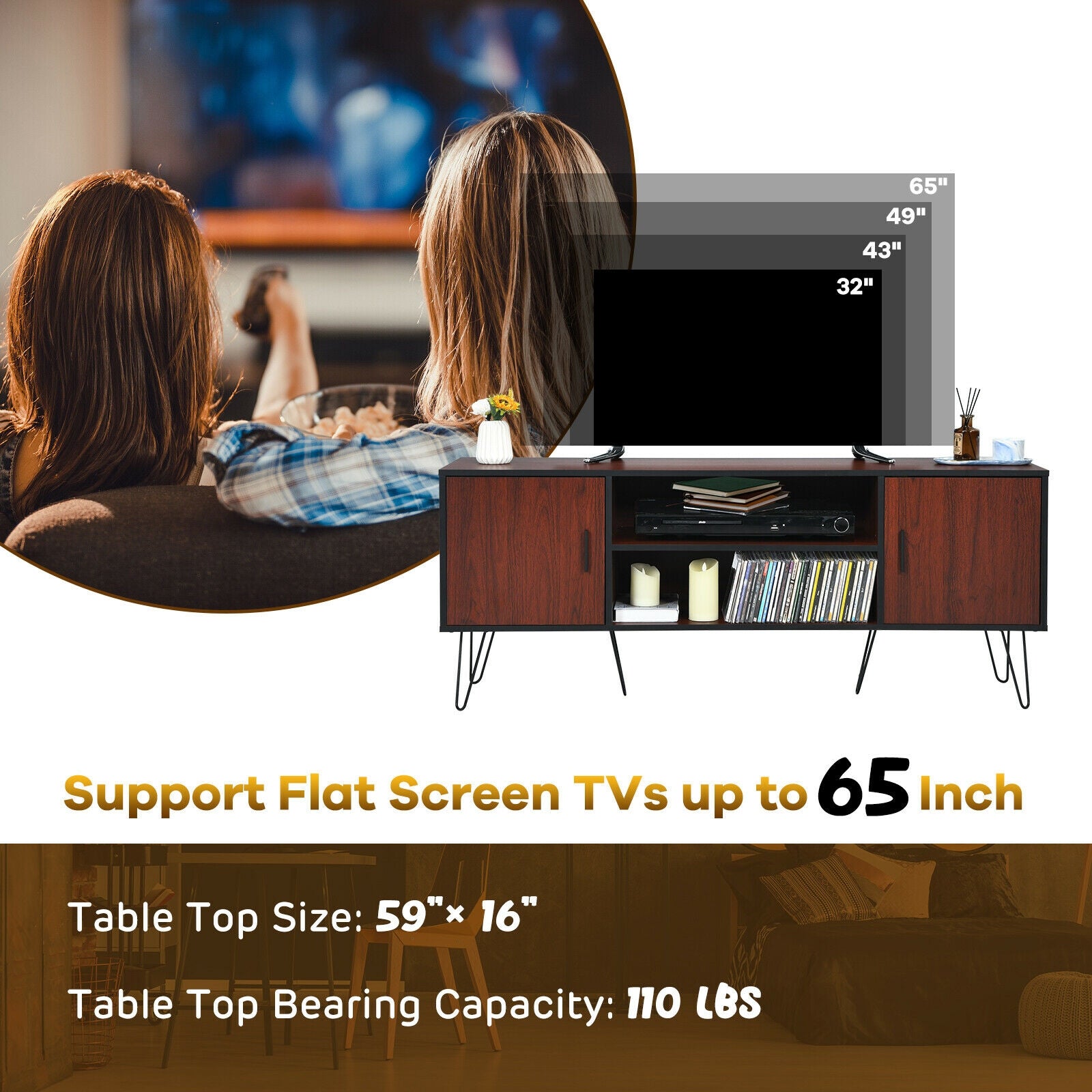 59 Inch Retro TV Stand for TVs up to 65 Inch with 6 Metal Legs