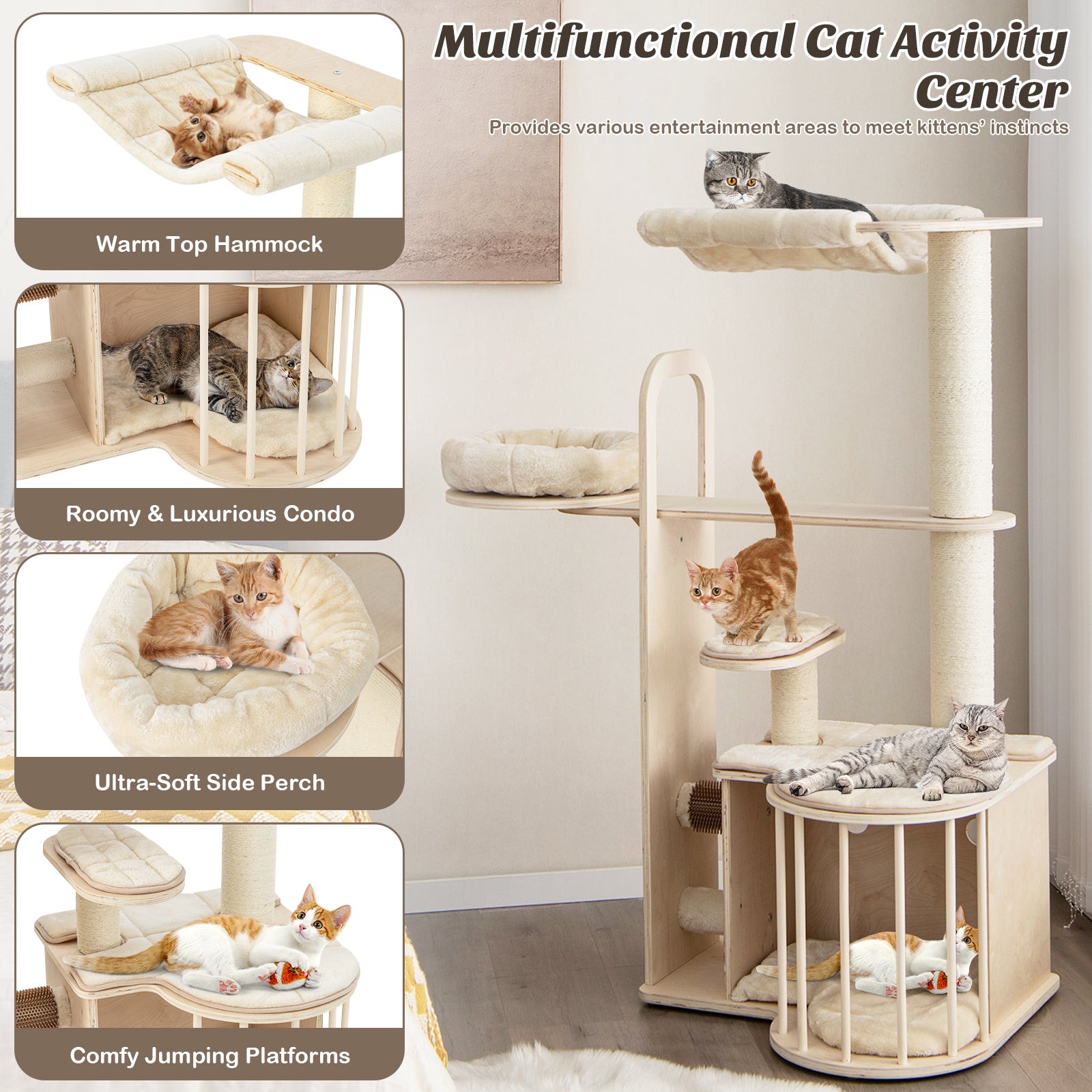 SUGIFT 55 Inch Tall Multi-Level Cat Tree with Washable Removable Cushions